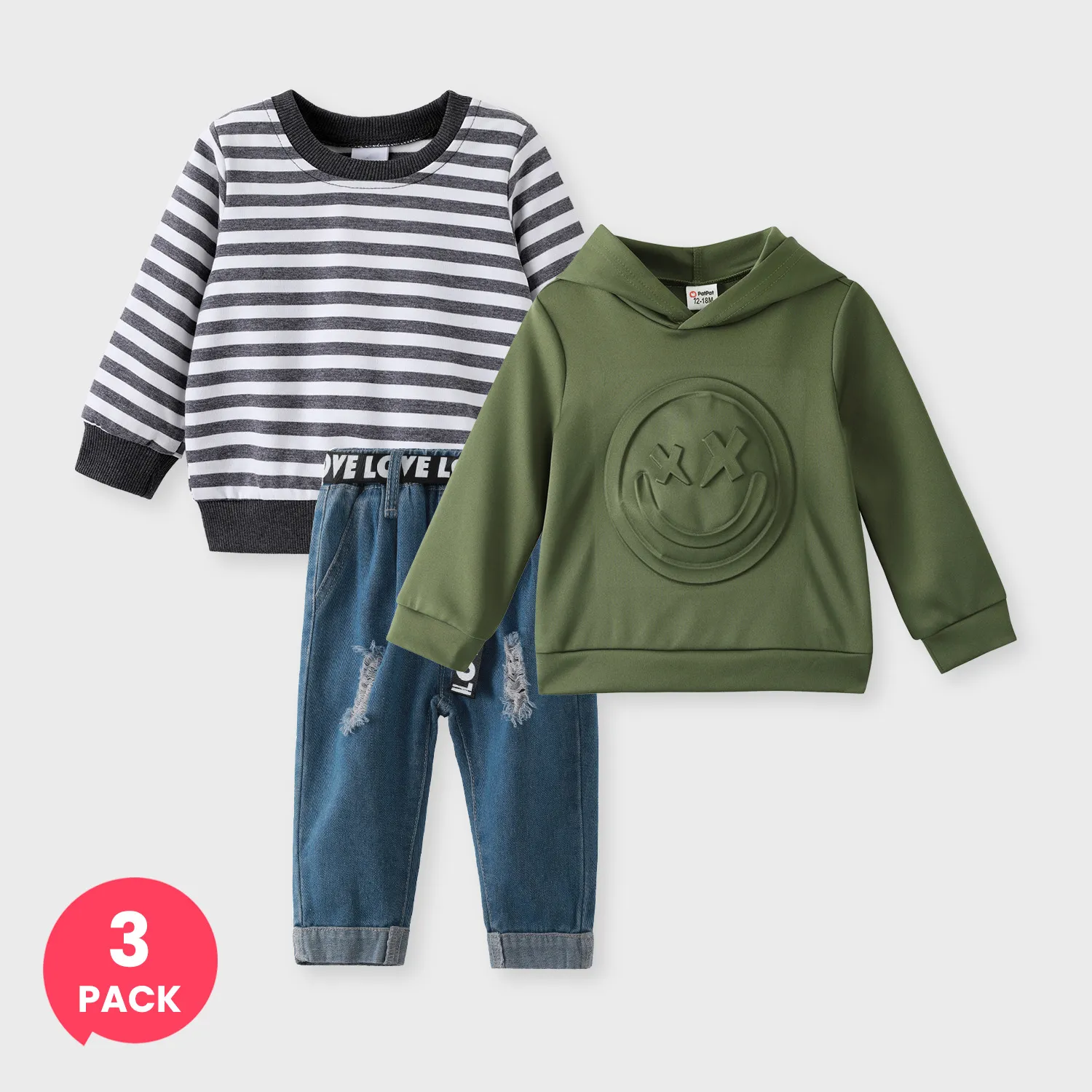 Paquete de 3 sudaderas con capucha con estampado para bebé, sudadera con rayas y jeans de mezclilla rasgados con cinturón