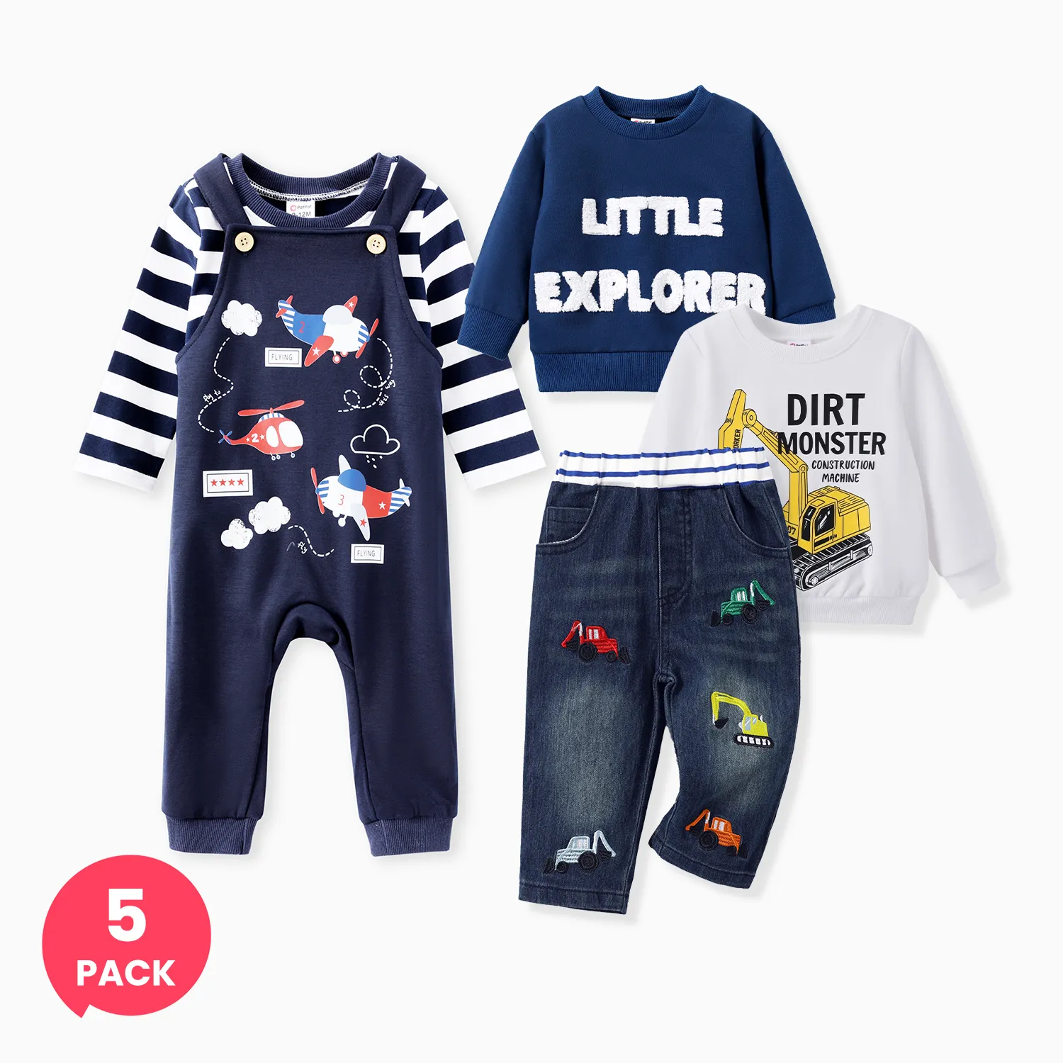 Lot de 5 salopettes à motif d’avion pour bébé garçon et ensemble de t-shirt rayé et sweat-shirt de véhicule et sweat-shirt à lettres et jeans en denim de véhicule