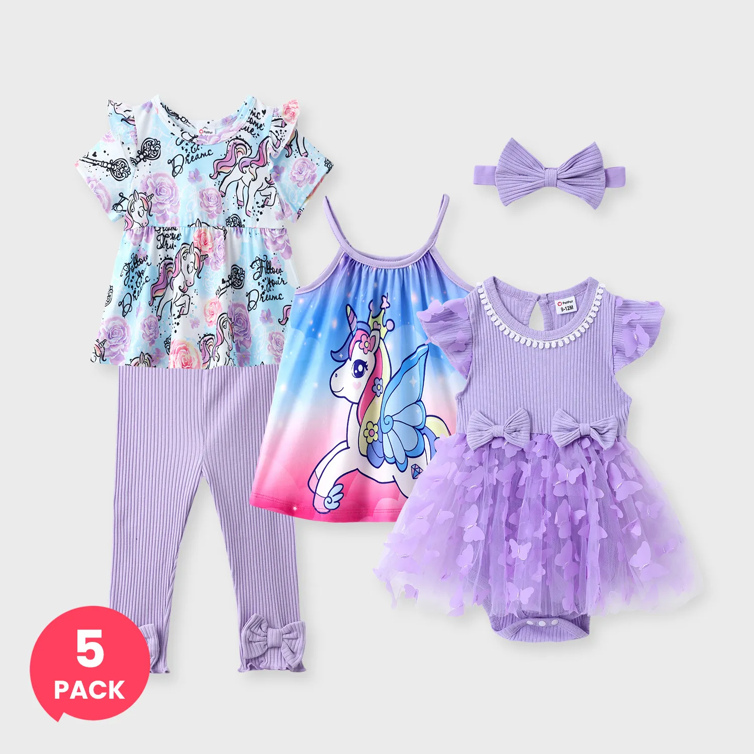 5pcs Baby Girl Sweet Unicorn Dress& Mesh Splice Dress with Headband& Printed Top and Leggings Set