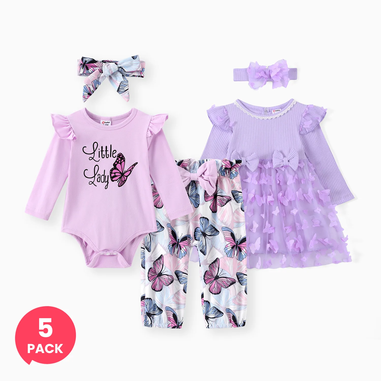 Lot de 5 robe de fée en maille papillon 3D pour bébé fille avec bandeau et barboteuse à volants et pantalon imprimé avec bandeau