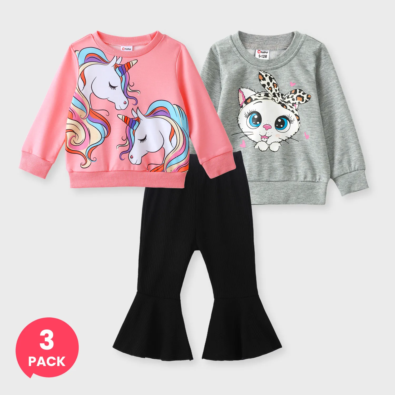 Pack de 3 sudaderas de manga larga con estampado de gato y unicornio para bebé niña y pantalones básicos sólidos de canalé