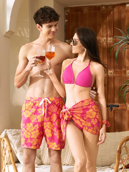 Tropical Floral Pattern Hot Pink Drawstring Swim Trunks or Two-Piece Bikini with Cover Up Sarong Skirt and a Headband Matching Swimsuit Set for Couples