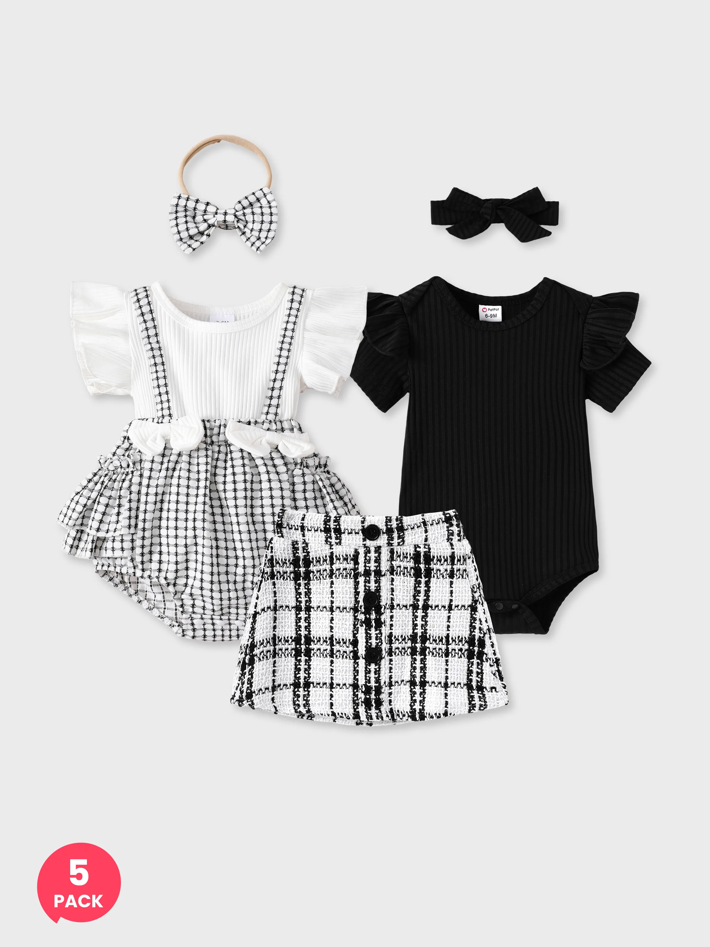 5-Pack Baby Girl Bowknot Grid Ruffled Romper with Headband &Ribbed Romper and Tweed Skirt with Headband Set