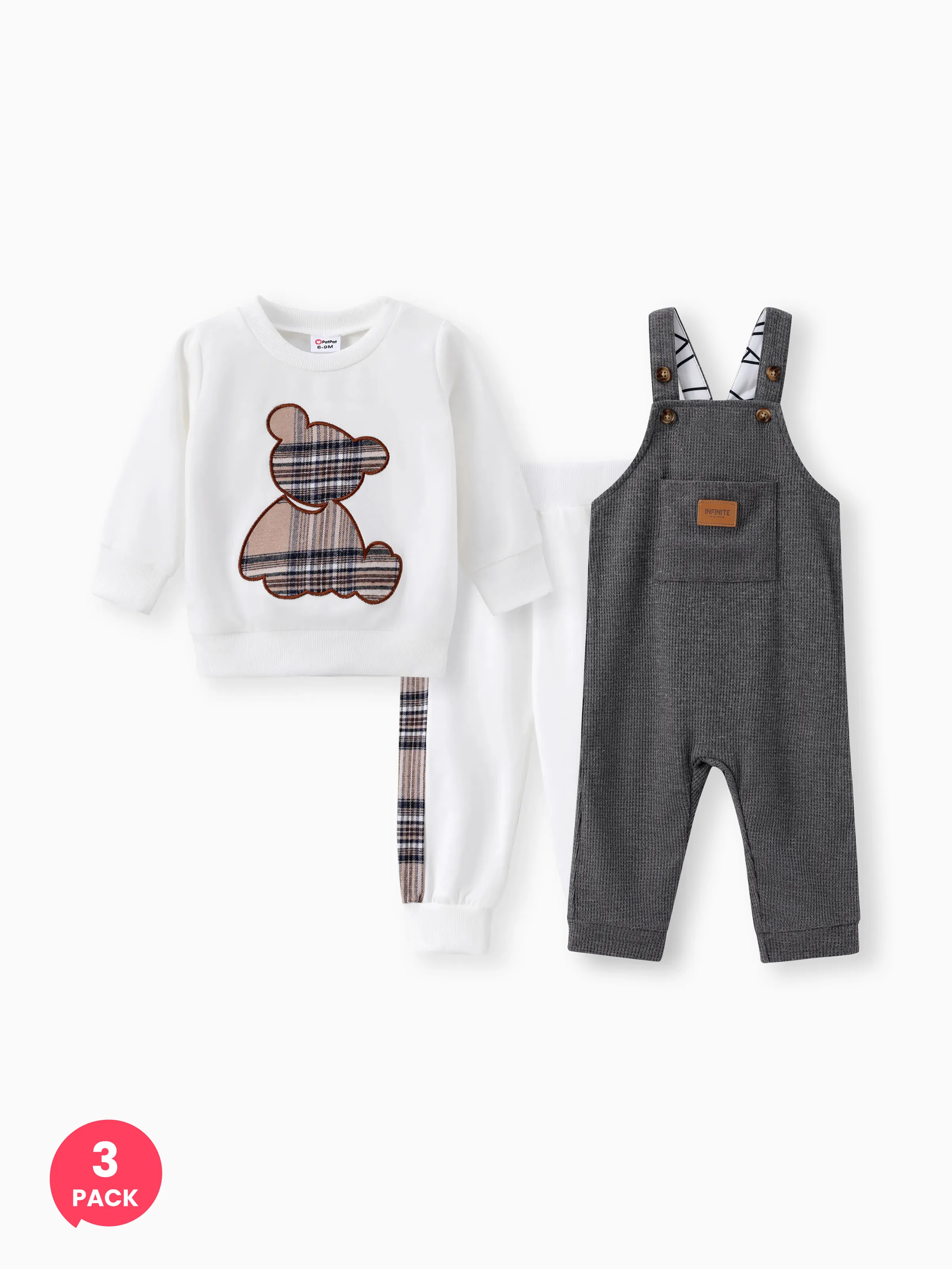 Confezione da 3 Baby Boy Plaid Stampa Orso Ricamato Felpa e Pantaloni Set & Waffle Lettera Patch Tasca Frontale