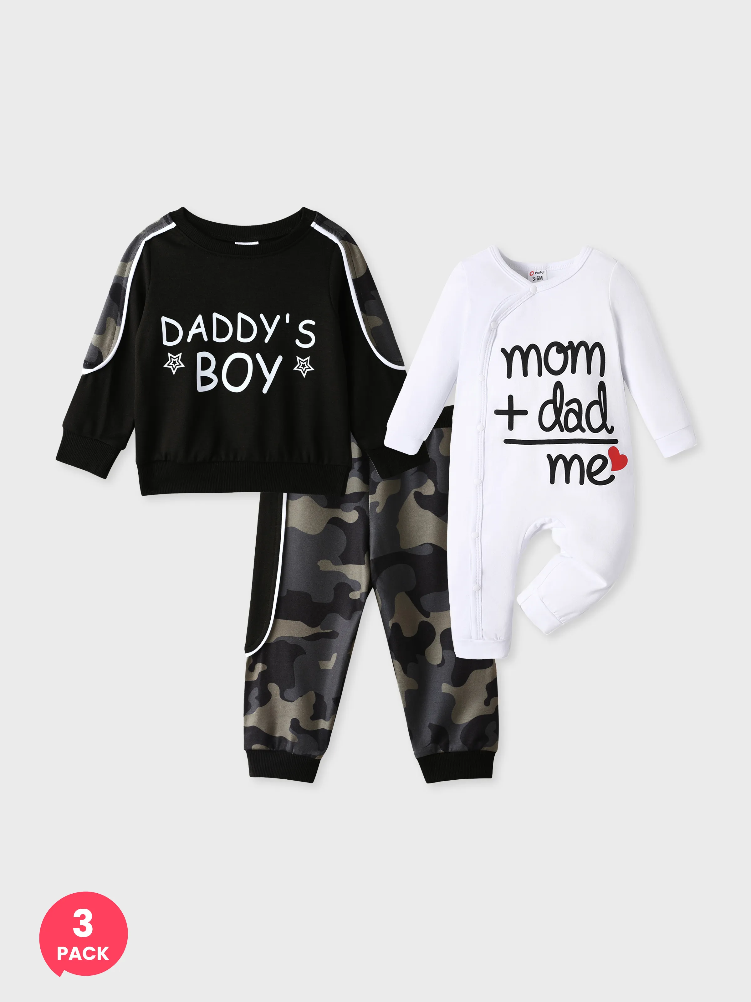 Pack de 3 Baby Boy Casual Style Camouflage y mono de manga larga con estampado de letras y corazón de amor de manga larga 95% algodón