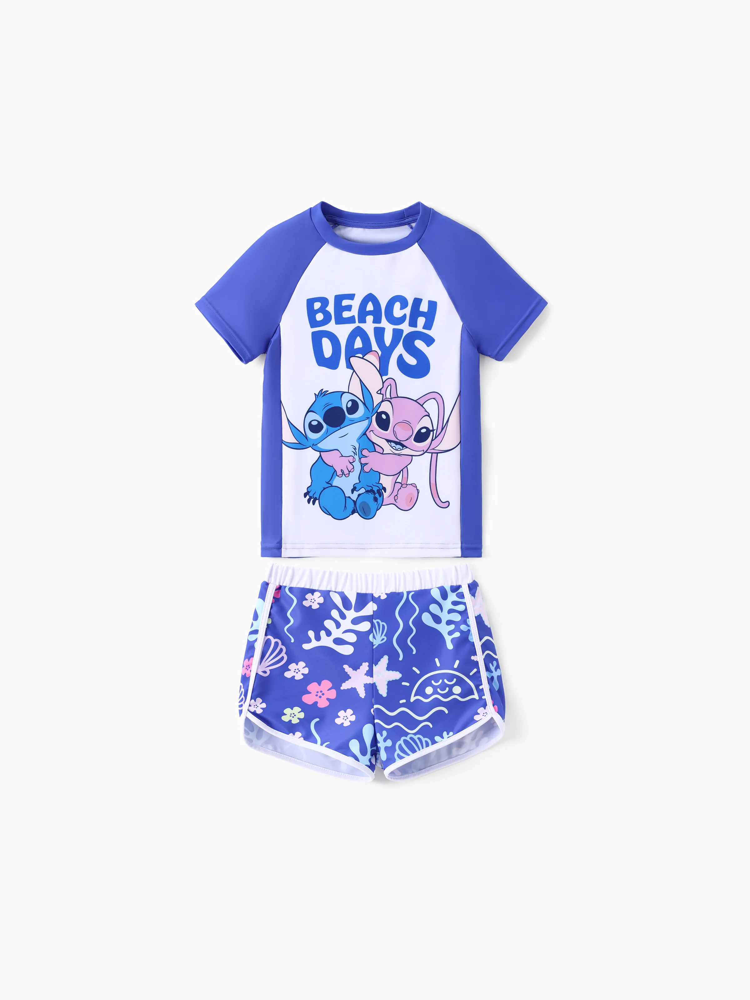 Disney Stitch Kid Girl 2pcs Character Tropical Floral Colorblock Print Sun Protection Short-sleeve Tops and Trunks Swimsuit Set 