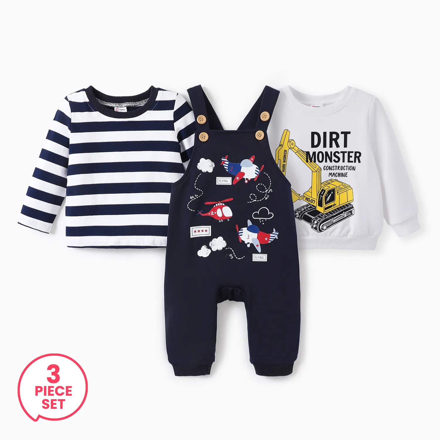 

3-Piece Baby Boy Airplane Pattern Overalls and Striped Tee and Childlike Vehicle Sweatshirt Set