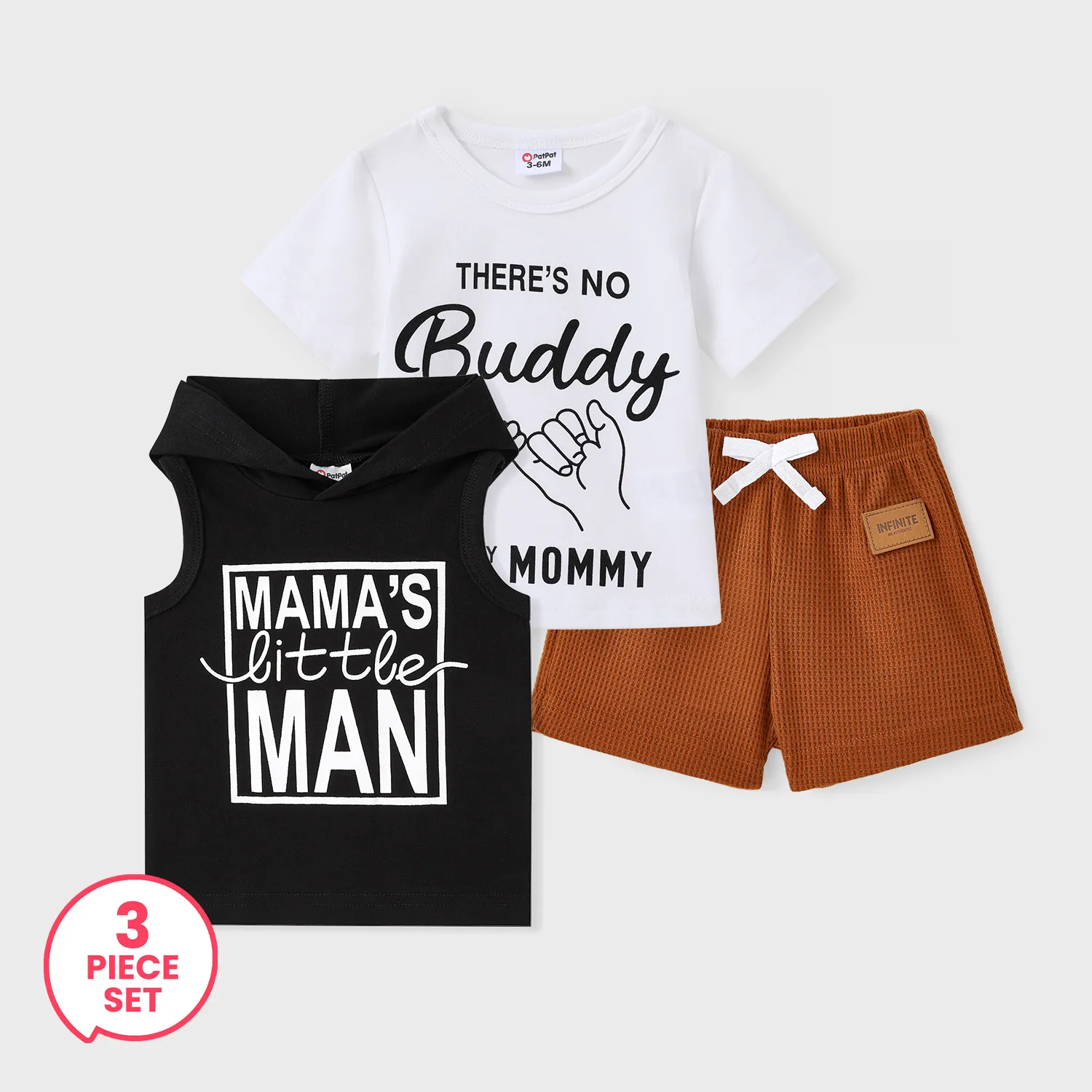 

3-Piece Baby Boy Cotton Hooded Tank Top and Letter Print Tee and Badge Detail Shorts Set