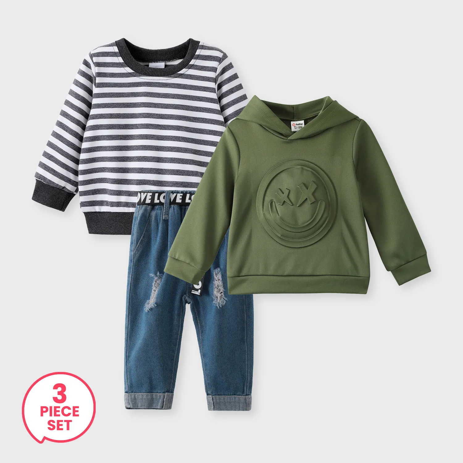 

3-Piece Baby Boy Graphic Hoodie and Striped Pullover Sweatshirt andBelted Ripped Denim Jeans Set