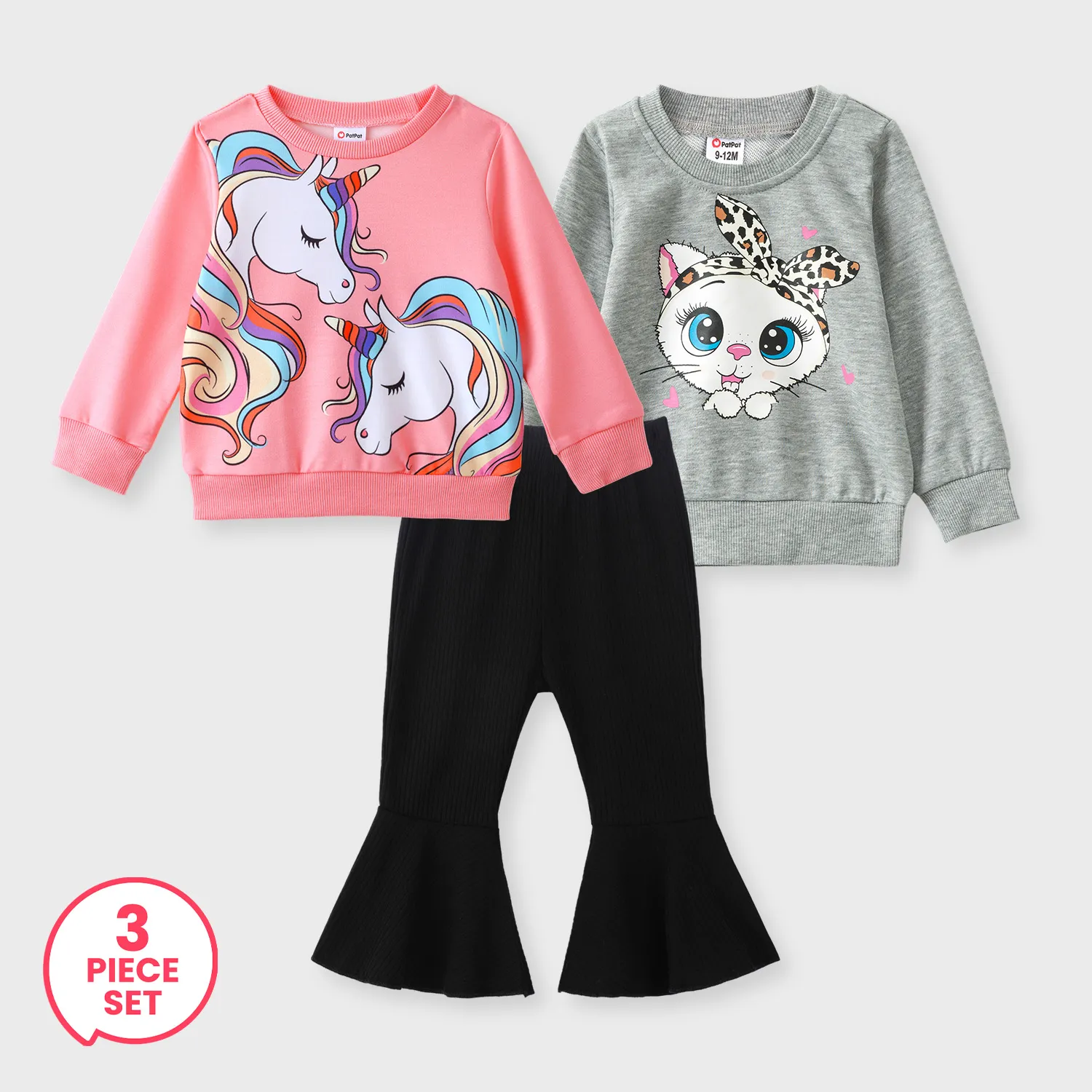 

3-Piece Baby Girl Cat&Unicorn Print Pullover Sweatshirt and Flared Pants Set