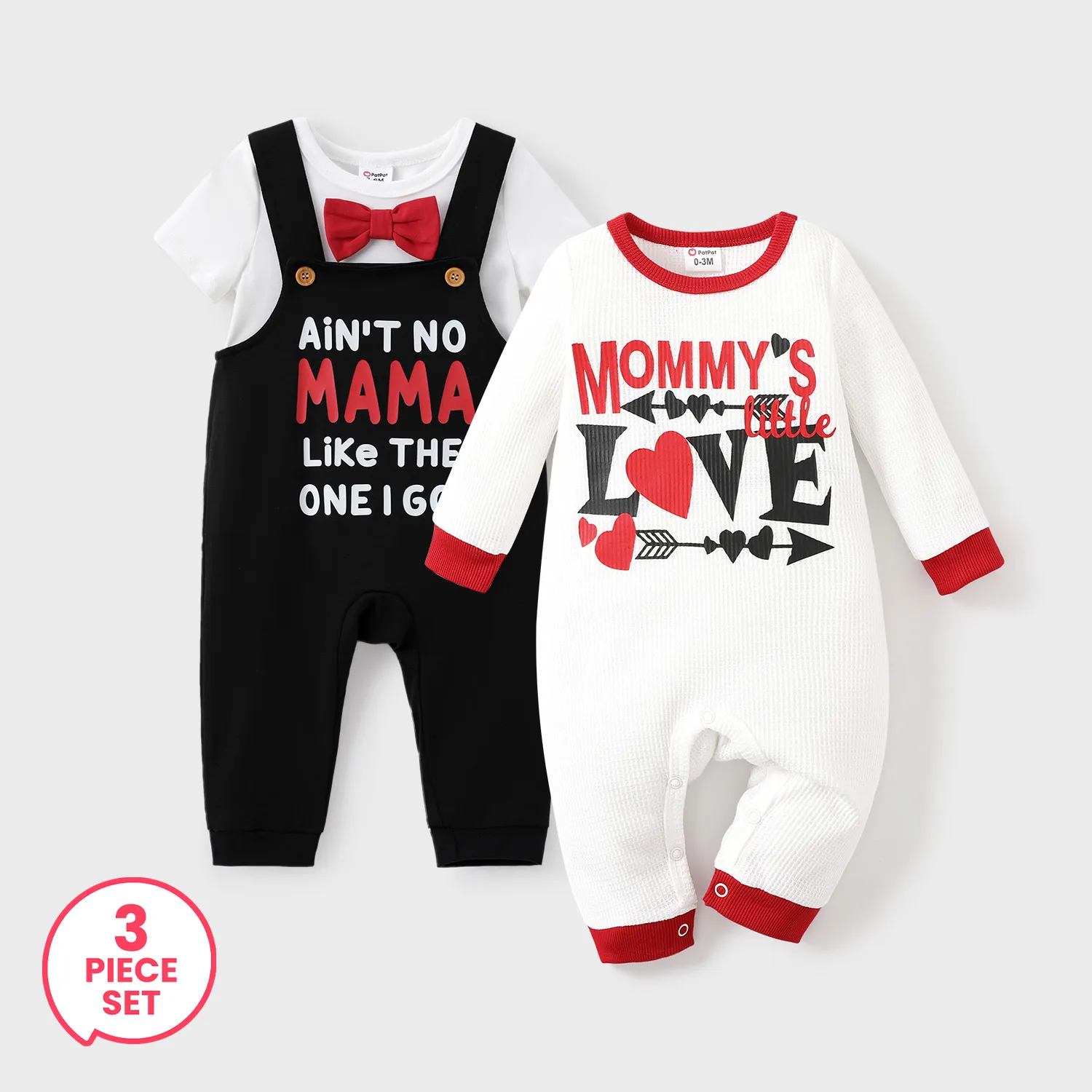 

3-Piece Valentine's Day Baby Boy Bowknot Romper and Overalls and Letter Print Jumpsuit Set