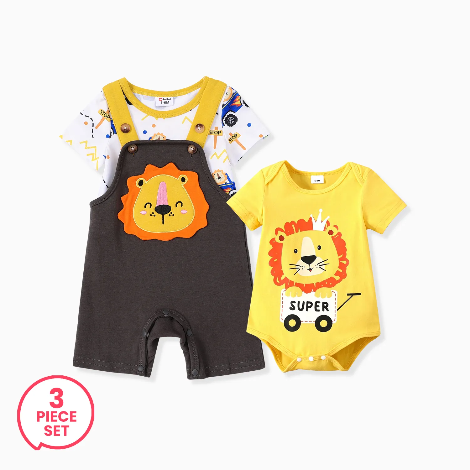 

3-Piece Baby Boy Lion Print Romper and Lion Embroidery Overalls Set