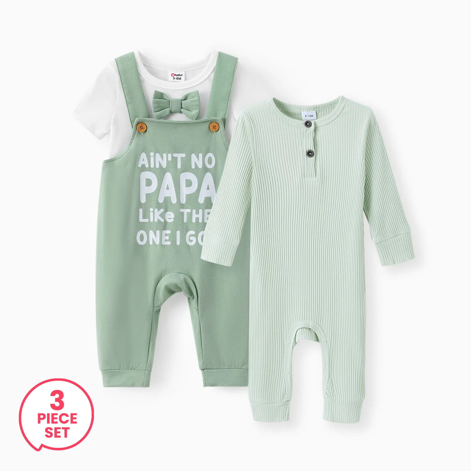 

3-Piece Baby Boy Cotton Ribbed Button Up Jumpsuit and Bowknit Romper and Letter Print Overalls Set