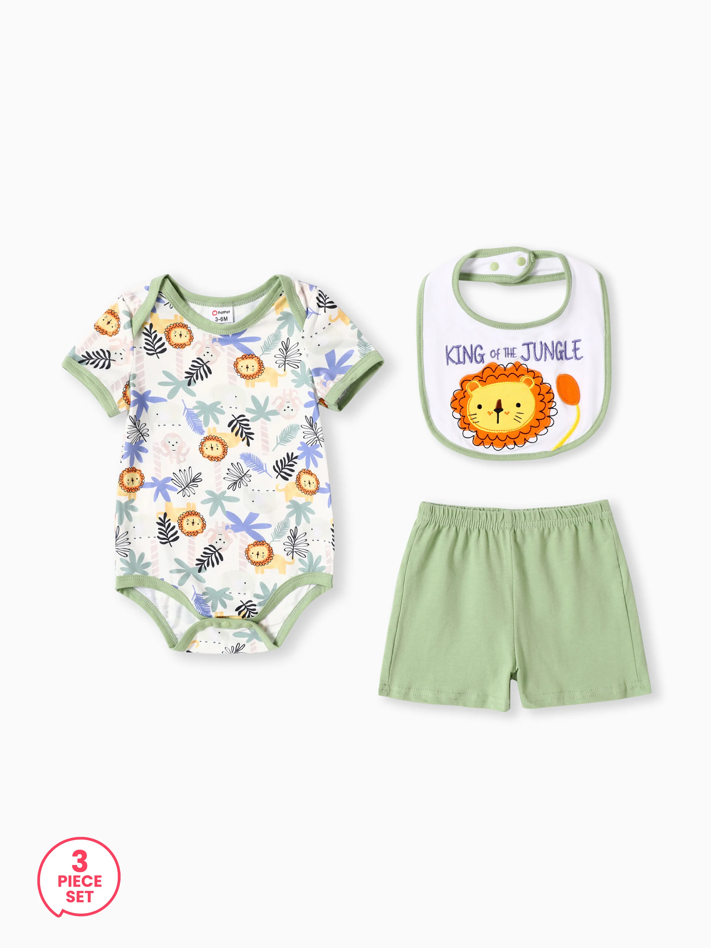 

3pcs Baby Boy Lion Print Romper and Shorts and Bib Set