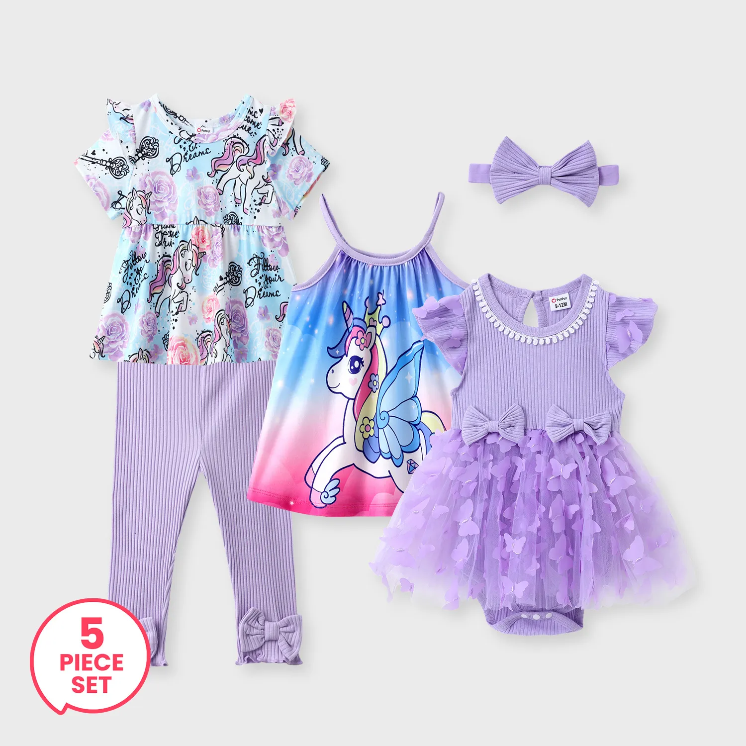 

5-Piece Baby Girl Purple Unicorn Style Set