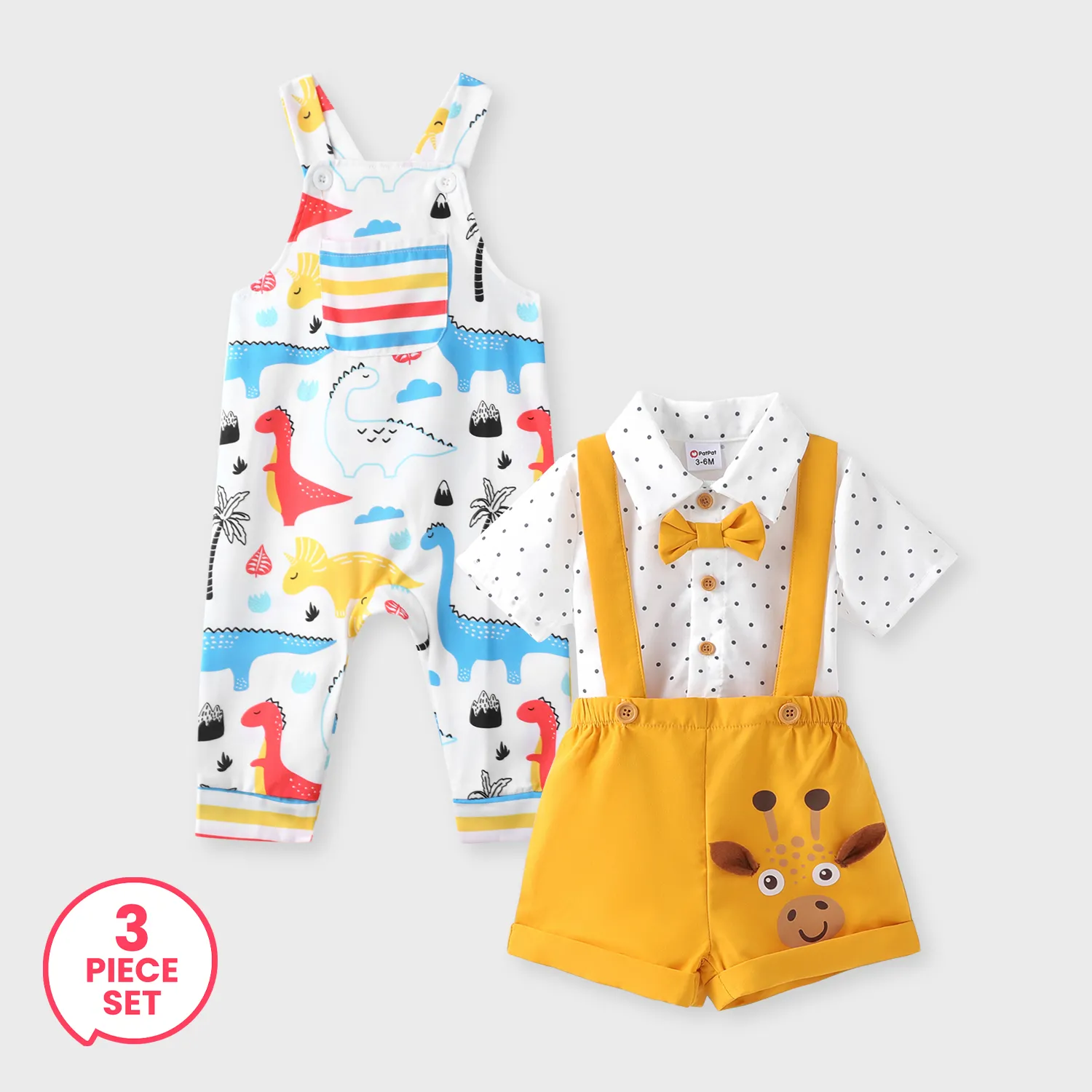 

3-Piece Baby Boy Polka Dots Bowknot Shirt and Giraffe Print Overall Shorts and Dino Print Overalls Set