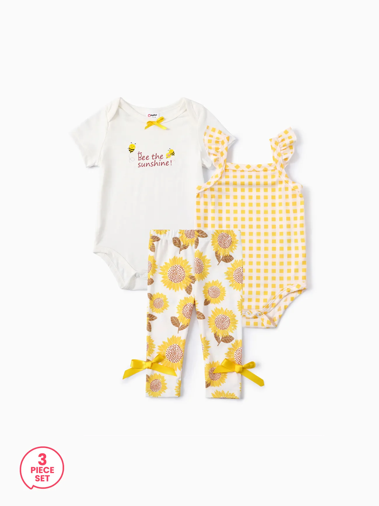 

Baby Girl 3pcs Sweet Sunflower Grid Print Romper and Leggings Set