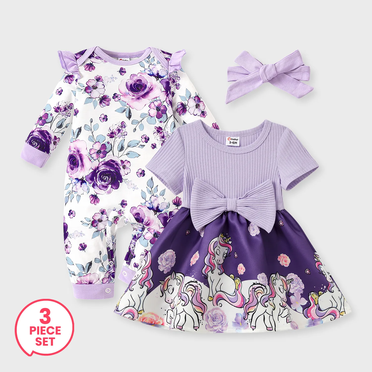 

3-Piece Baby Girl Floral Sweet Jumpsuit with Headband and Unicorn Pattern Bowknot Dress Set