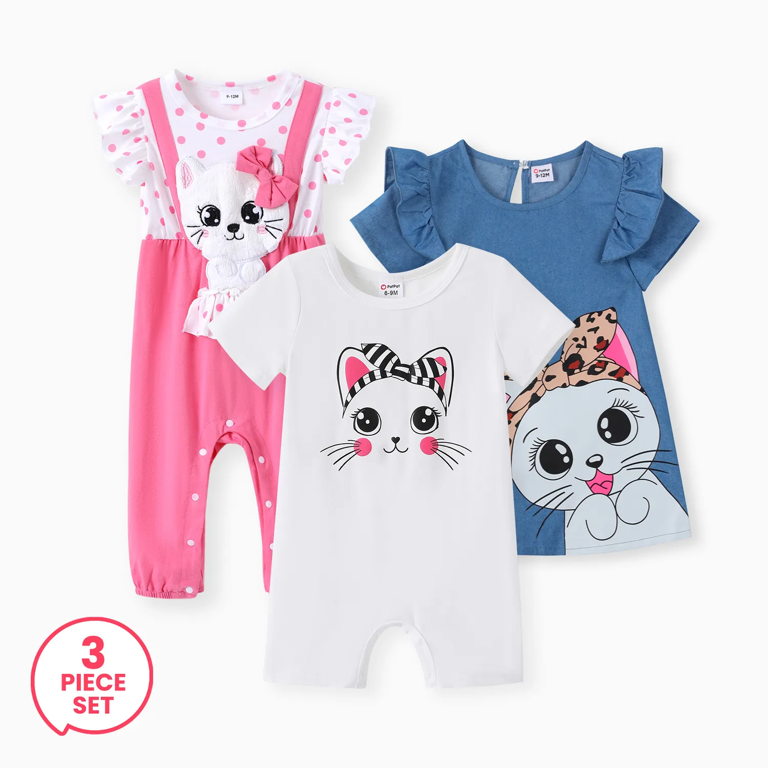 

3-Piece Baby Girl Sweet 3D Cat Jumpsuit and Cute Cat Print Ruffled Dress and Romper Set