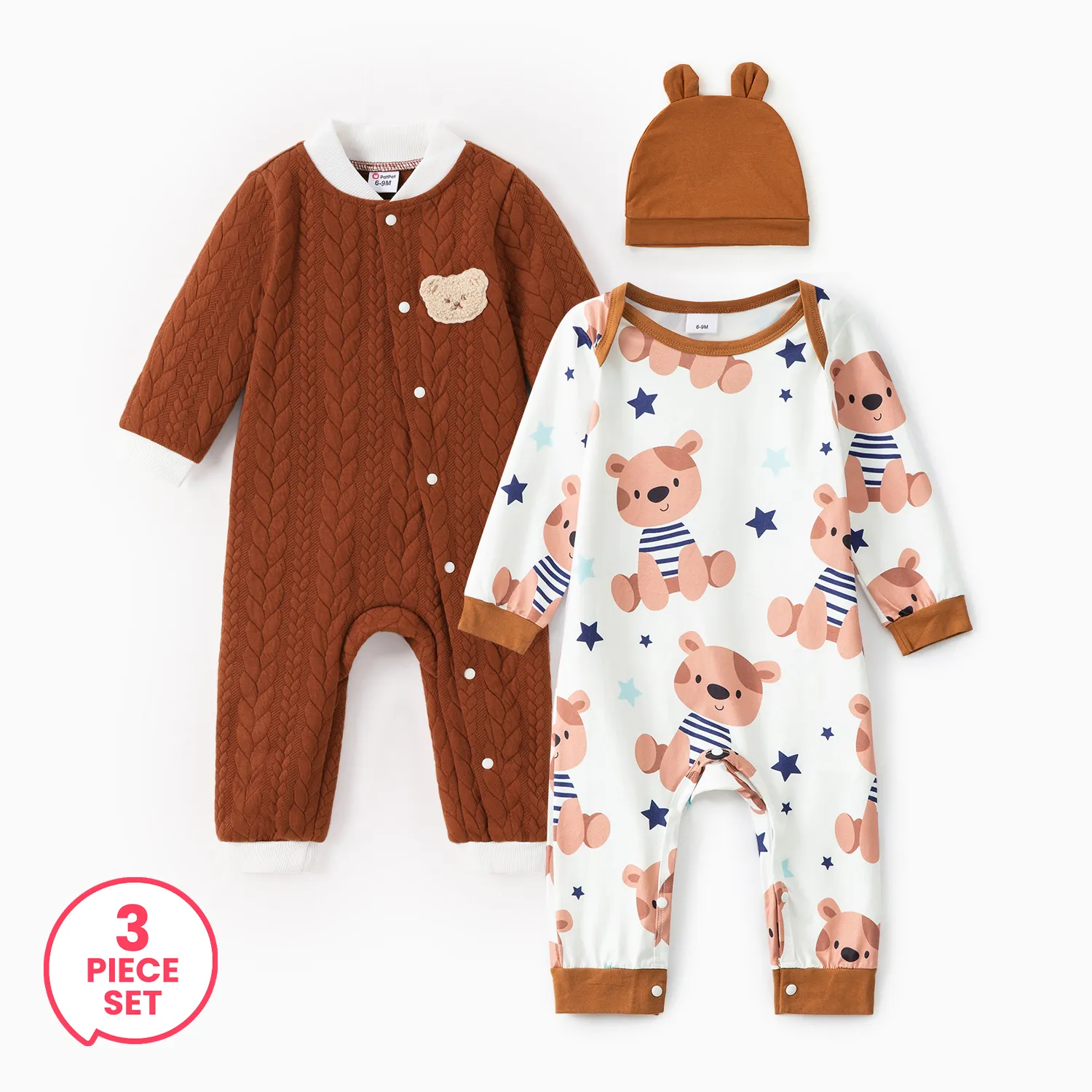 

3-Piece Baby Boy Bear Embroidered Knitted Jumpsuit and Printed Jumpsuit with Ear Hat Set