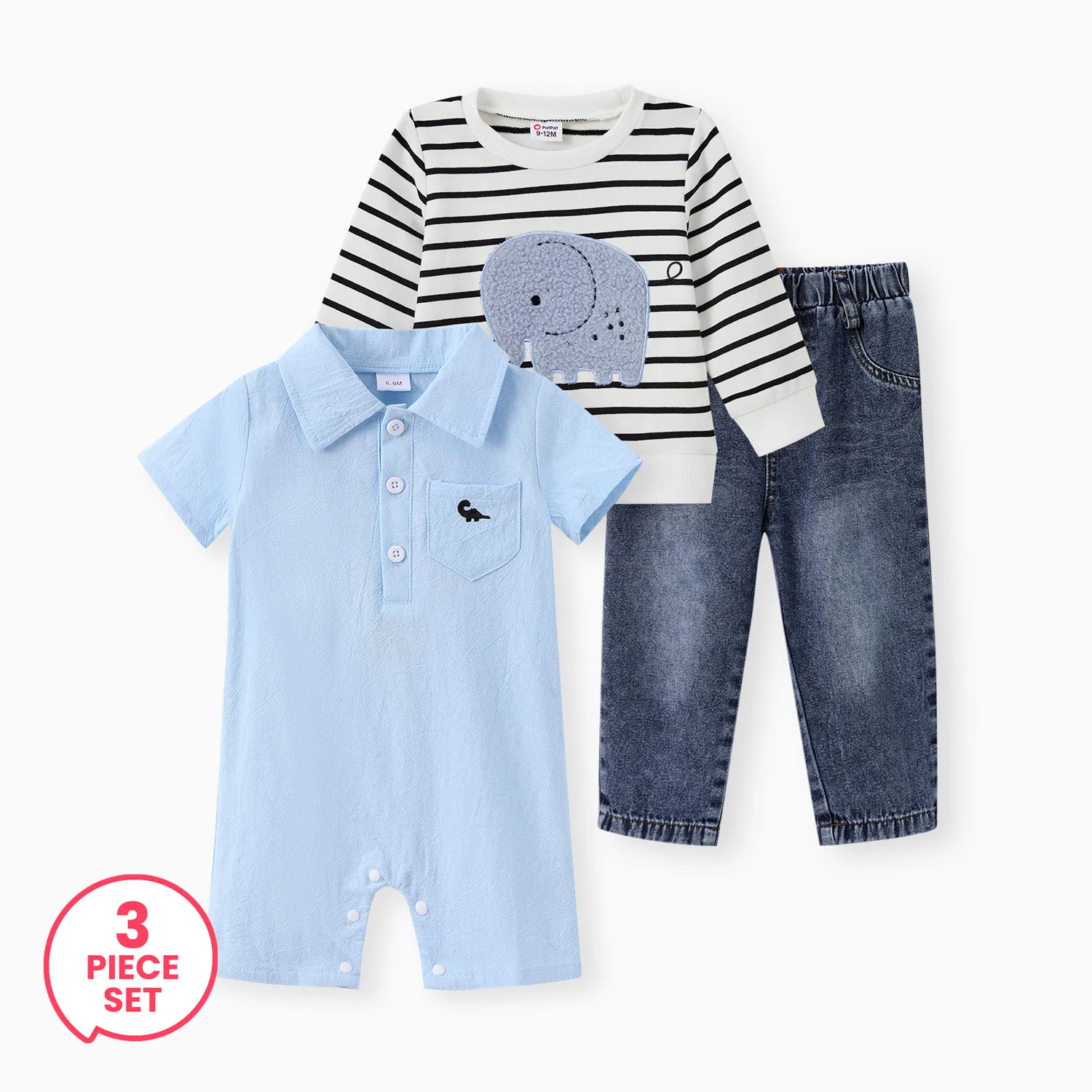 

3-Piece Baby Boy Cotton Striped Sweatshirt and Denim Jeans and Cotton Lapel Neck Jumpsuit Set