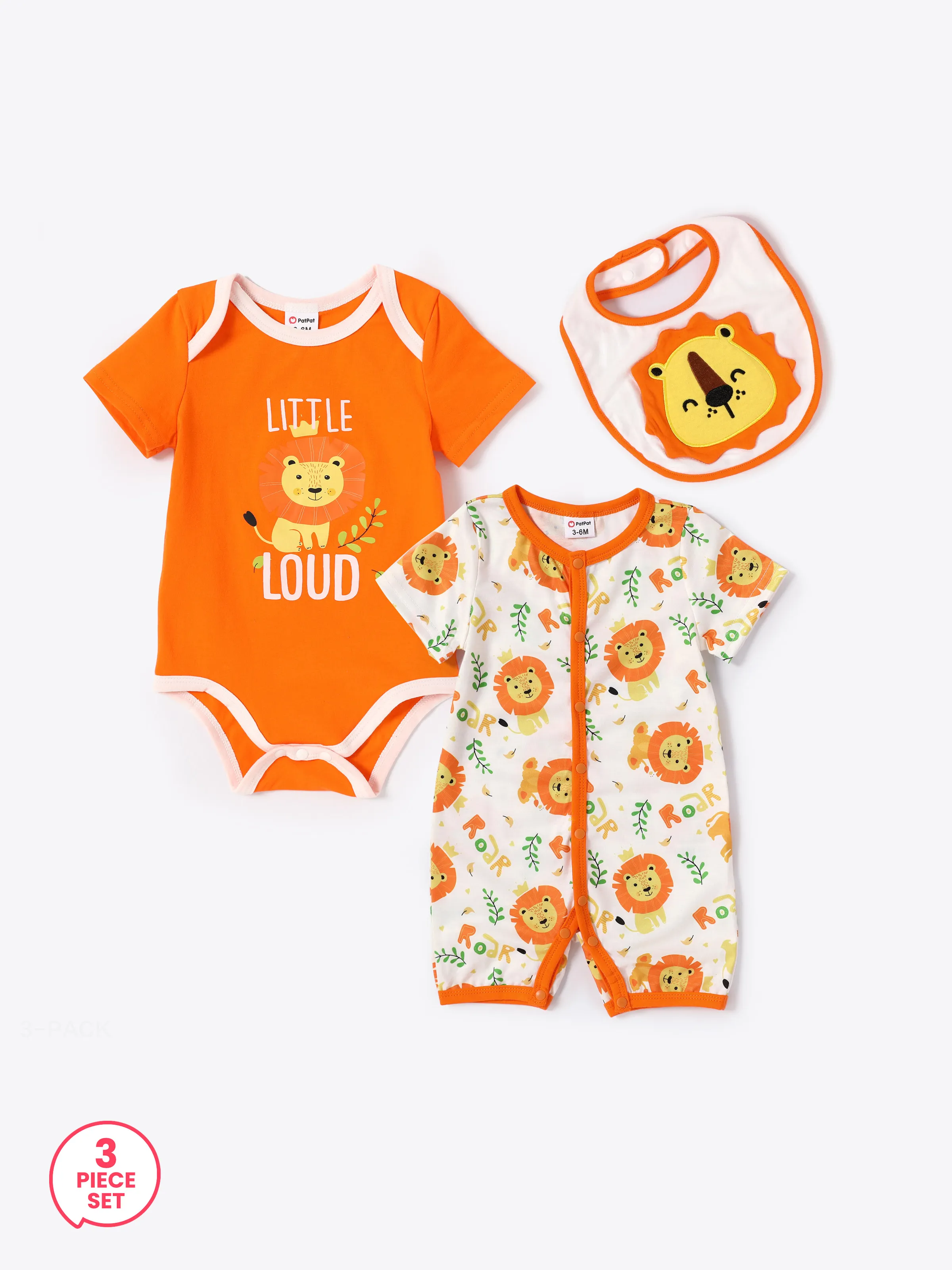 

3-Piece Baby Boy/Girl Lion Print Romper and Jumpsuit and Bib Set