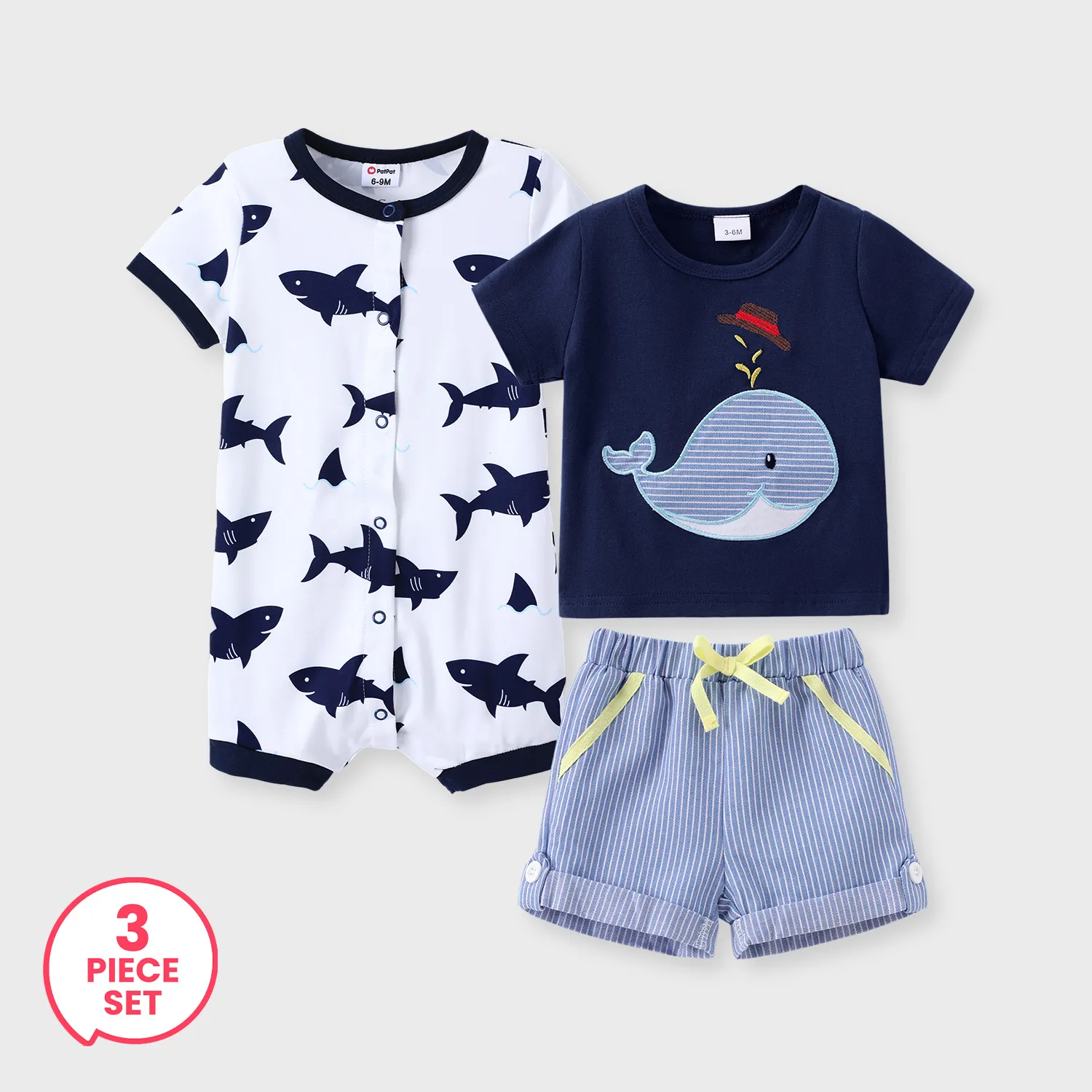 

3-Piece Baby Boy Whale Print Tee and Striped Shorts and Shark Print Snap Romper Set