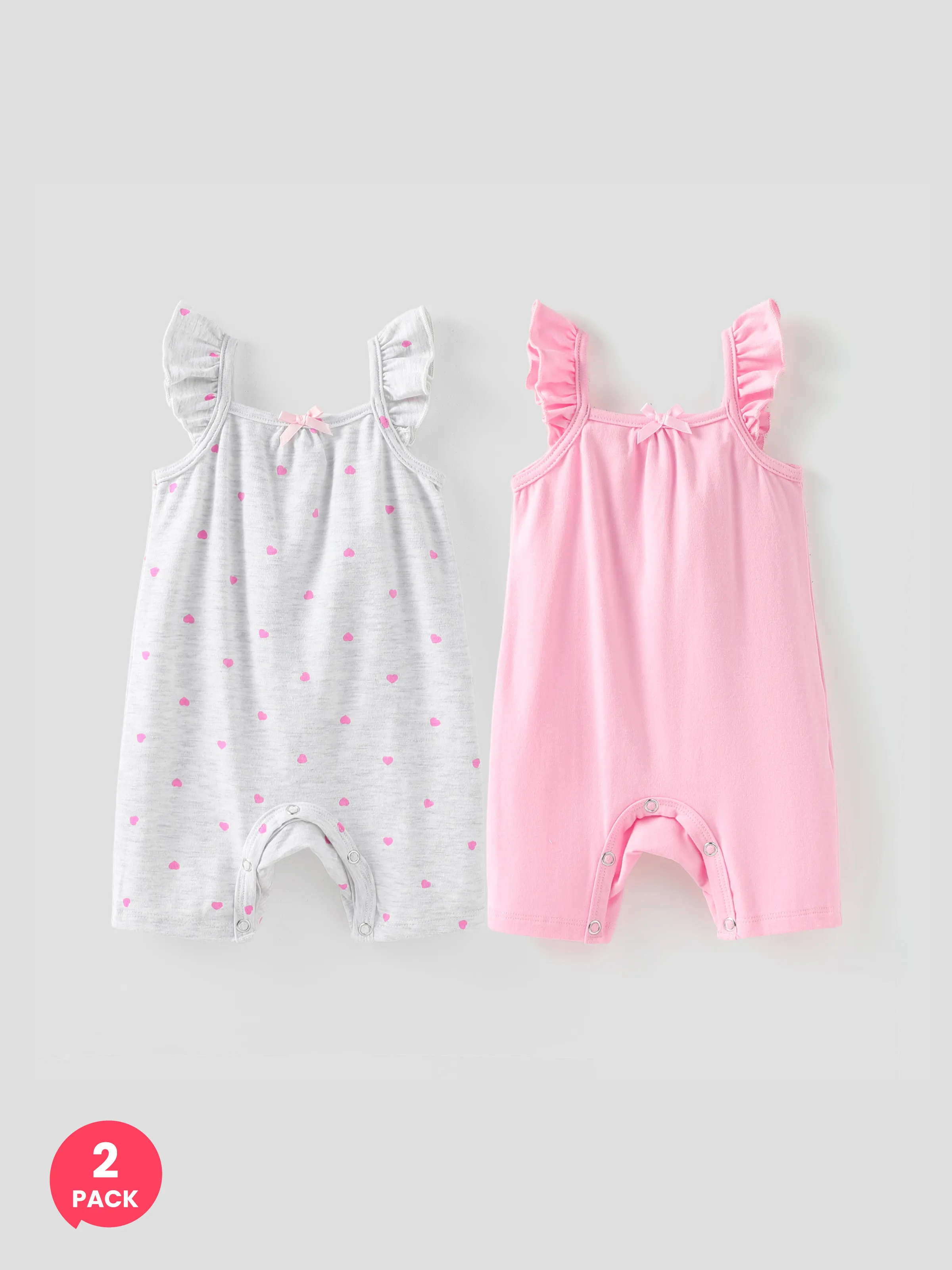 

2-Pack Baby Girl Heart-shaped/Solid Print Ruffled Rompers