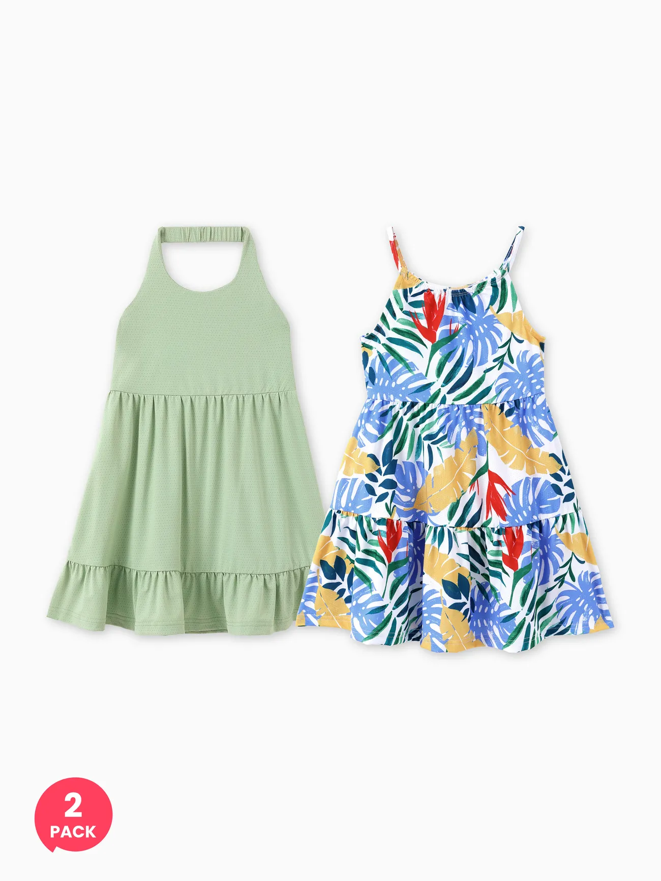 Pale Green - 2-Pack Toddler Girl Printed & Solid Causal Sleeveless Dress - image 2