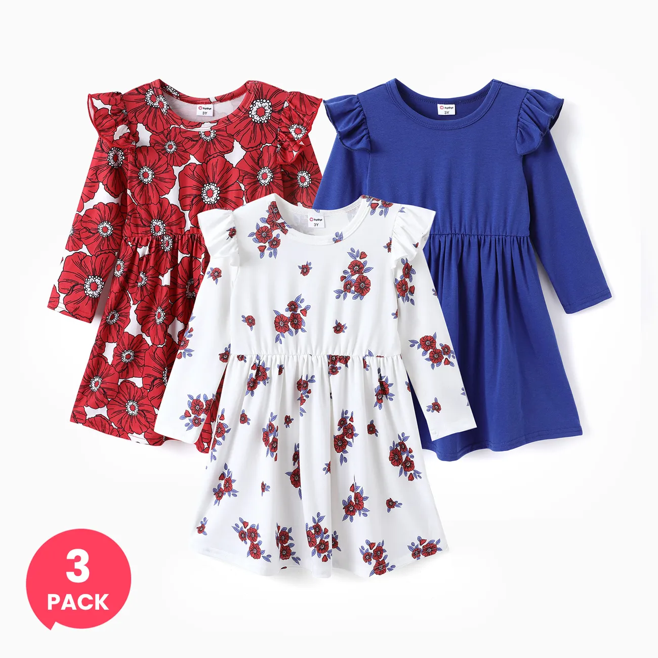 3-Pack Toddler Girl Floral Print Flutter-sleeve Dress