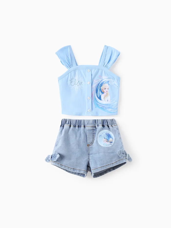 Disney Frozen Toddler Girl 2pcs Algodón Elsa Patrón Camiseta Sin Mangas Y Bowknot Conjunto De Pantalones Cortos De Mezclilla