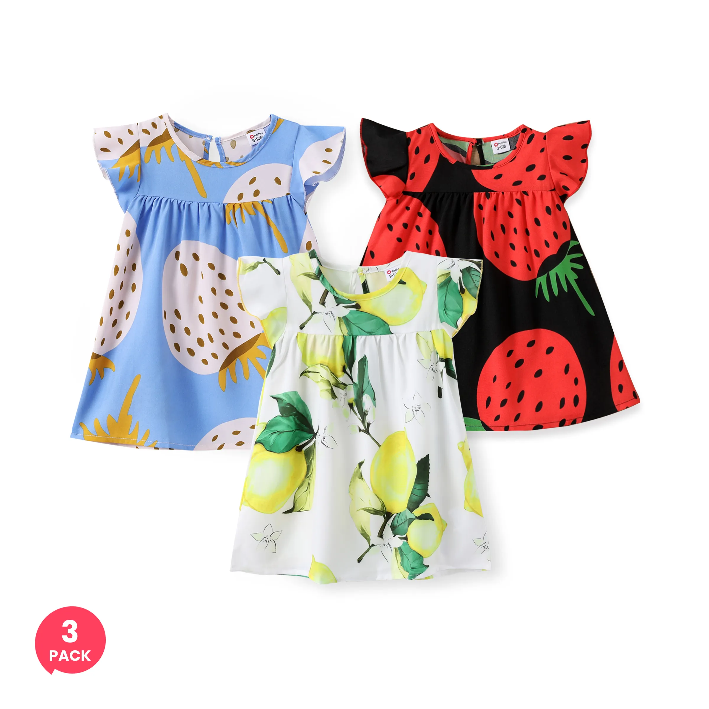 

3-Pack Baby Girl Fruit Print Flutter-sleeve Dress