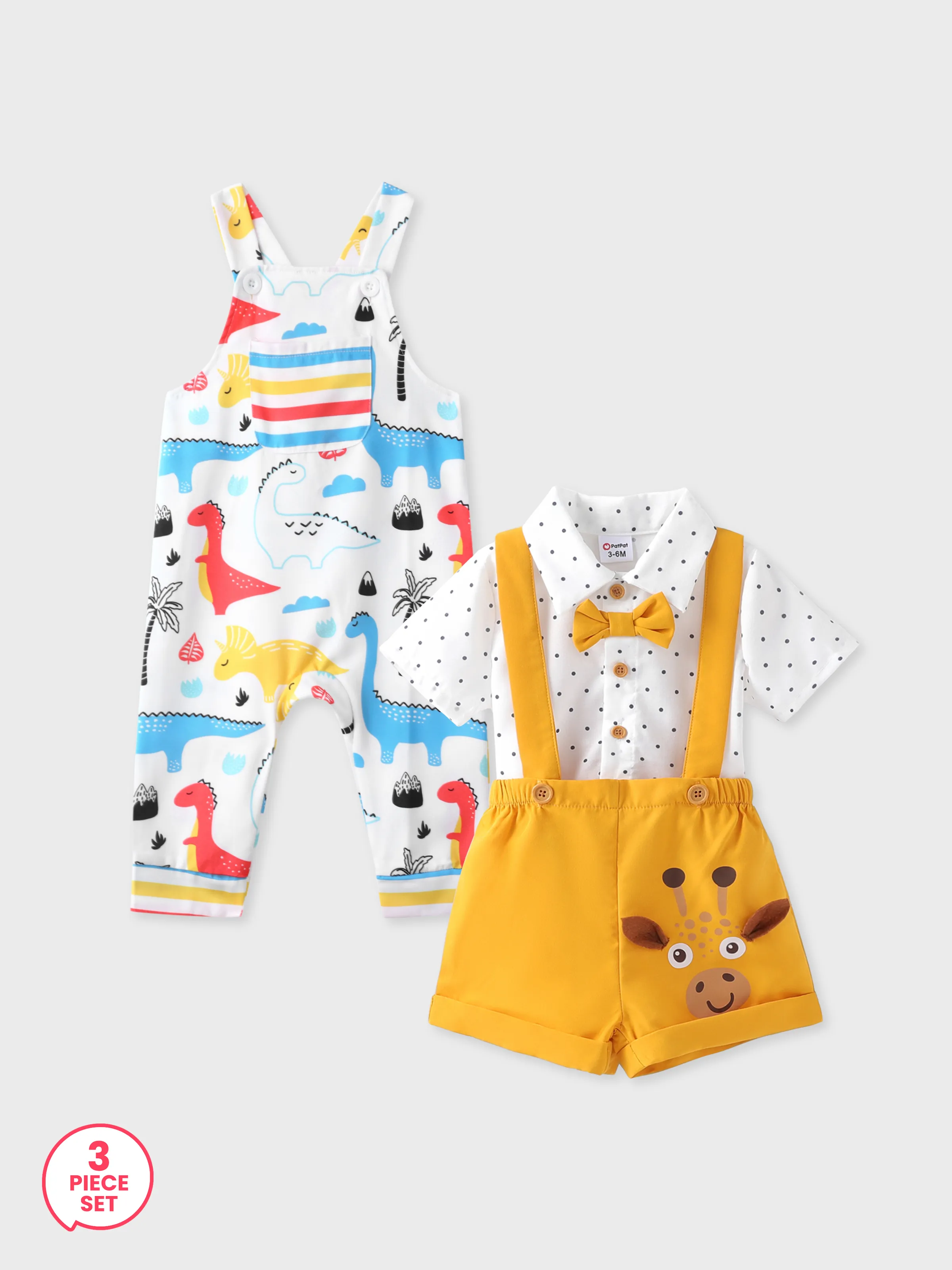 3-Piece Baby Boy Polka Dots Bowknot Shirt and Giraffe Print Overall Shorts and Dino Print Overalls Set