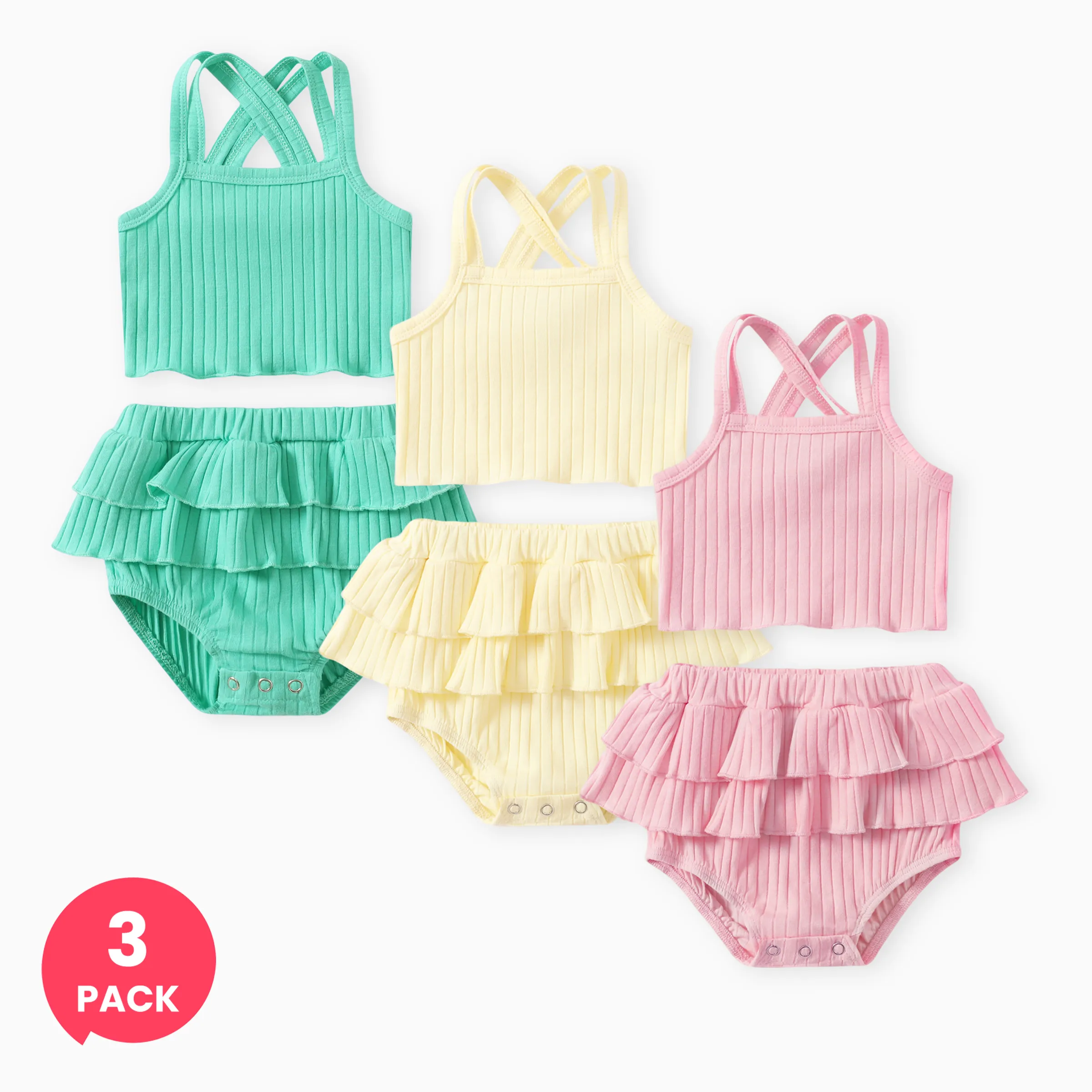 

3-Pack Baby Girl Solid Tank Top and Ruffled Shorts Set