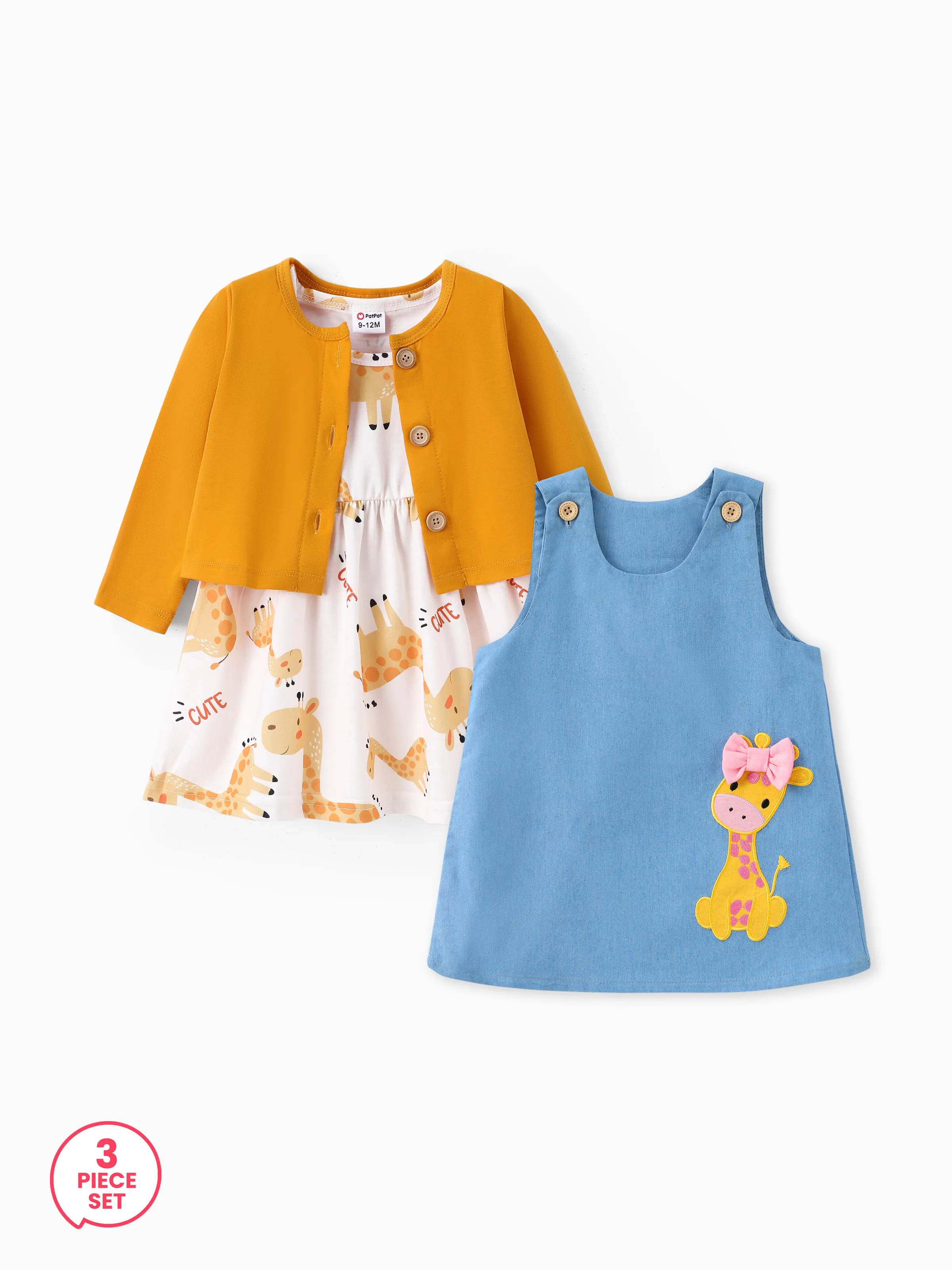 3-Piece Baby Girl Cardigan and Giraffe Print Dress and Denim Tank Dress Set