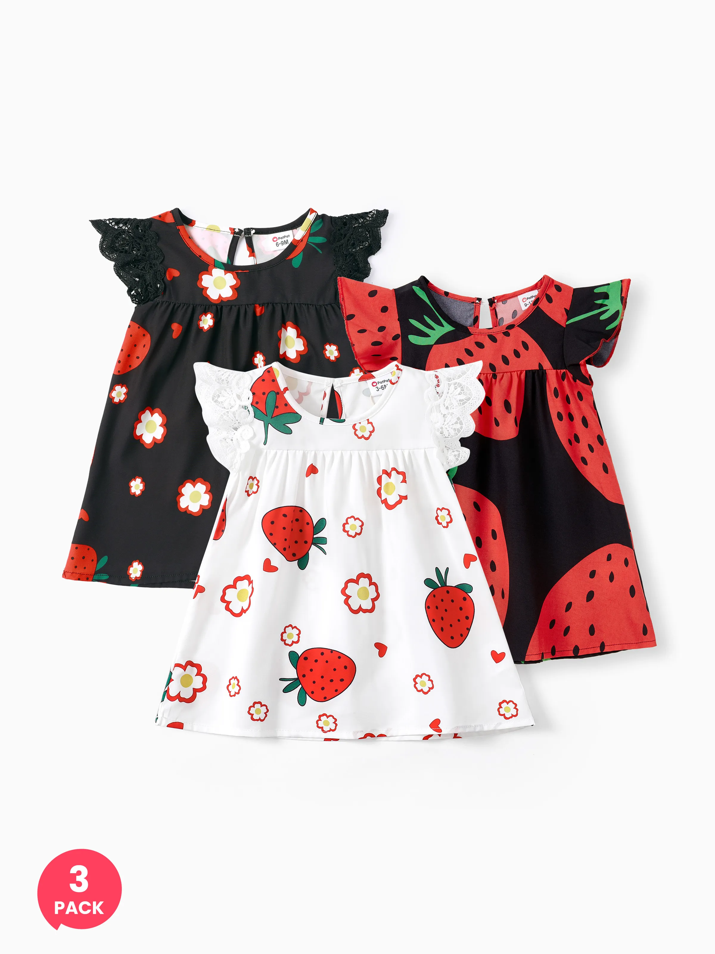 3-Pack Baby Girl Sweet Strawberry Lace Dresses