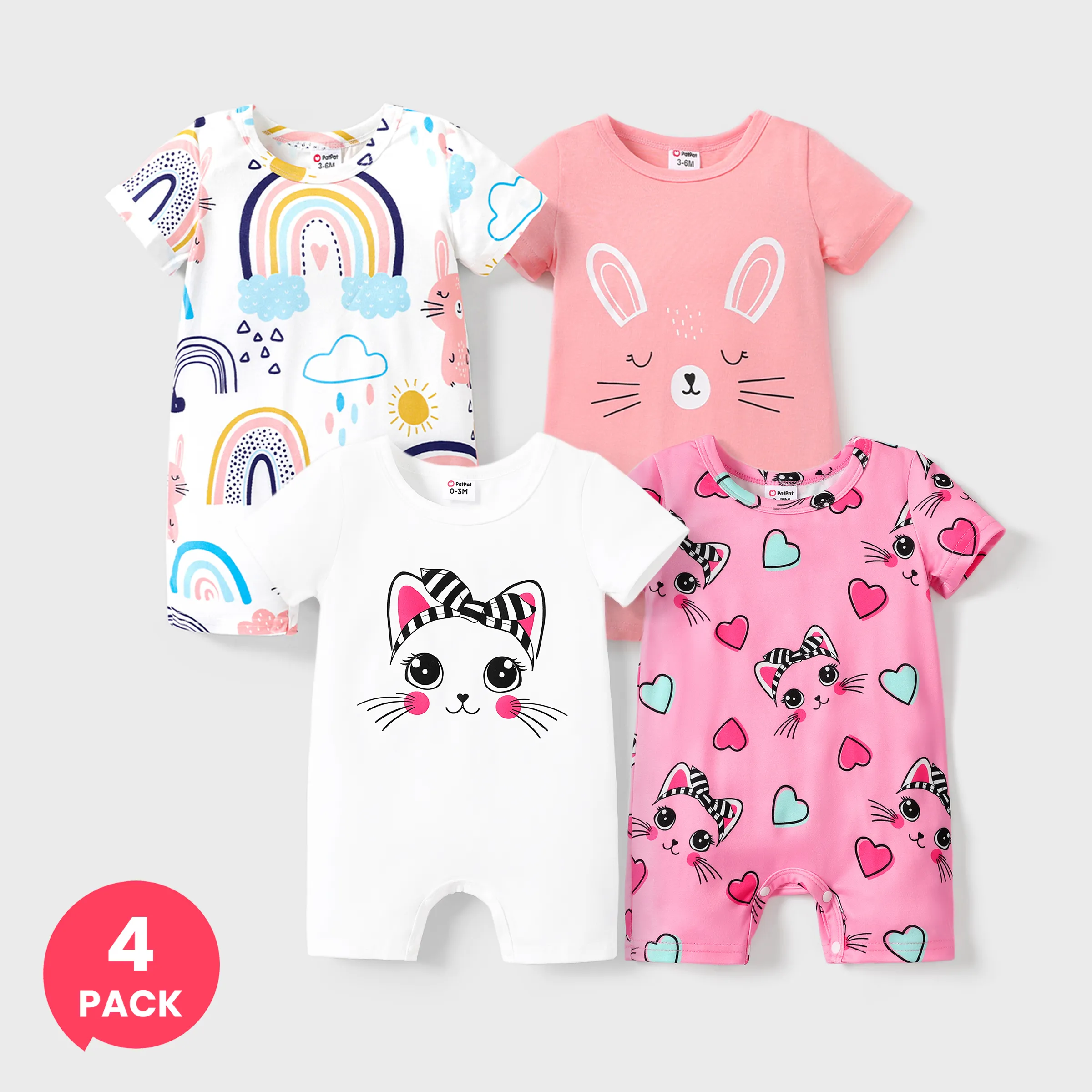 

4-Pack Baby Girl Bunny & Cat Print Romper