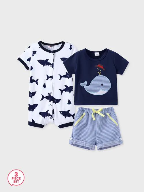 3-Piece Baby Boy Whale Print Tee and Striped Shorts and Shark Print Snap Romper Set