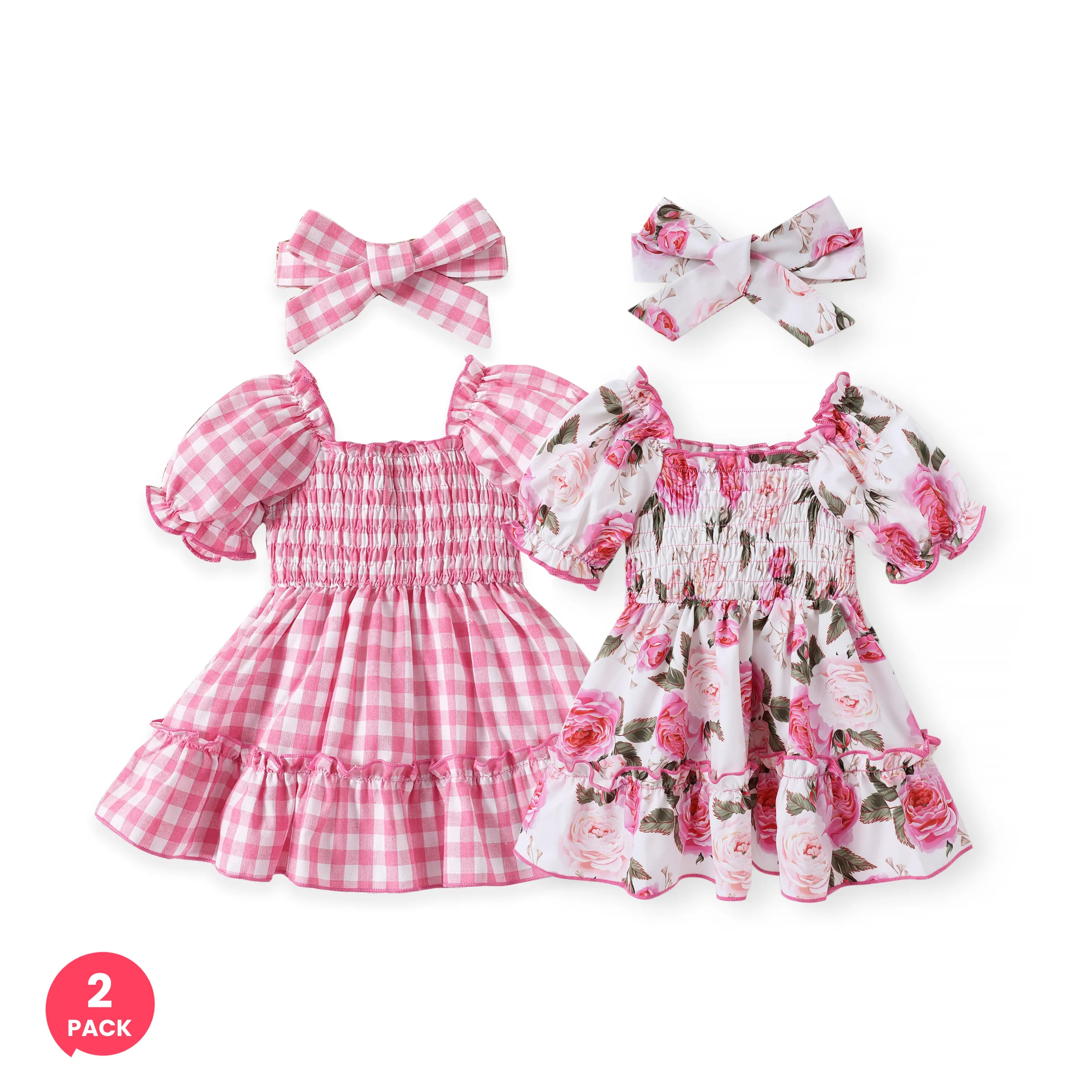 

2-Pack Baby Girl Ruffled Puff-sleeve Dress with Headband