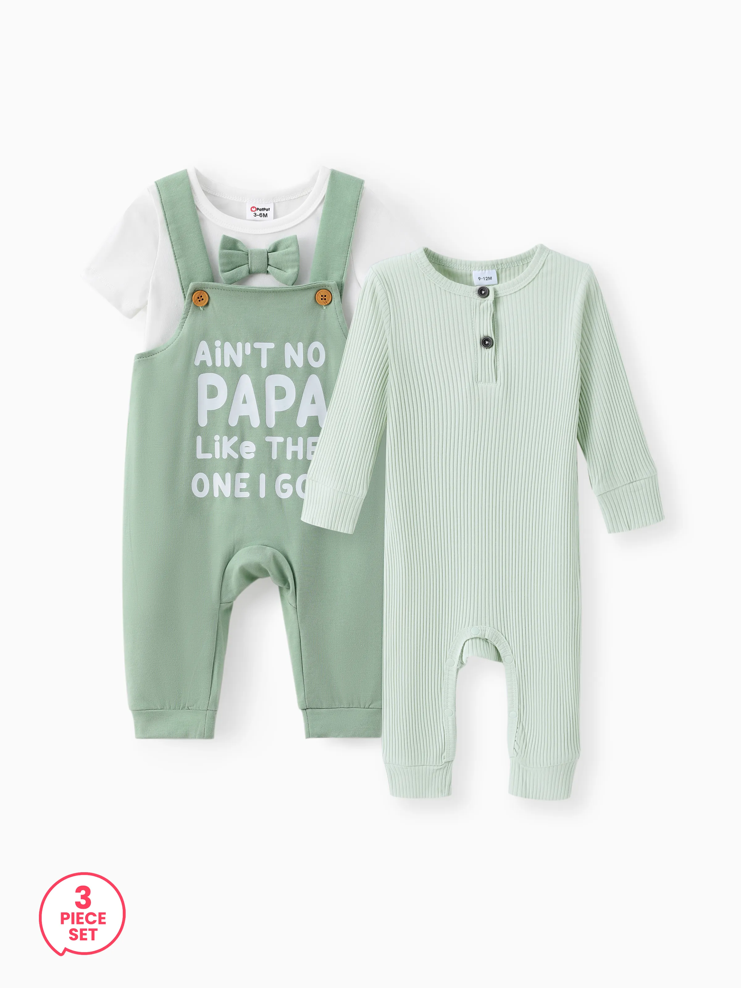 3-Piece Baby Boy Cotton Ribbed Button Up Jumpsuit and Bowknit Romper and Letter Print Overalls Set