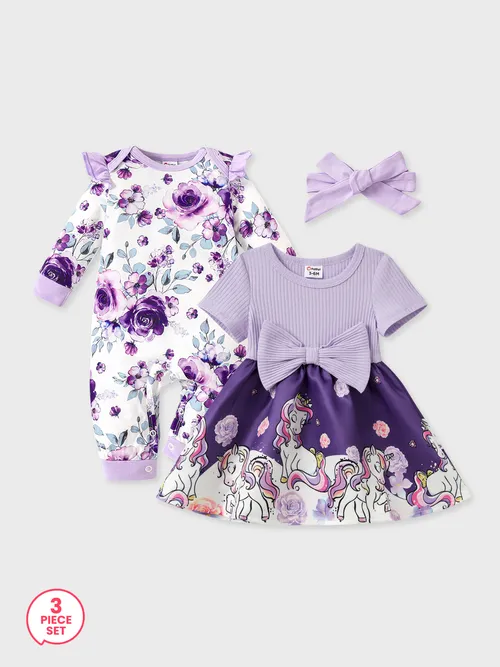 3-Piece Baby Girl Floral Sweet Jumpsuit with Headband and Unicorn Pattern Bowknot Dress Set