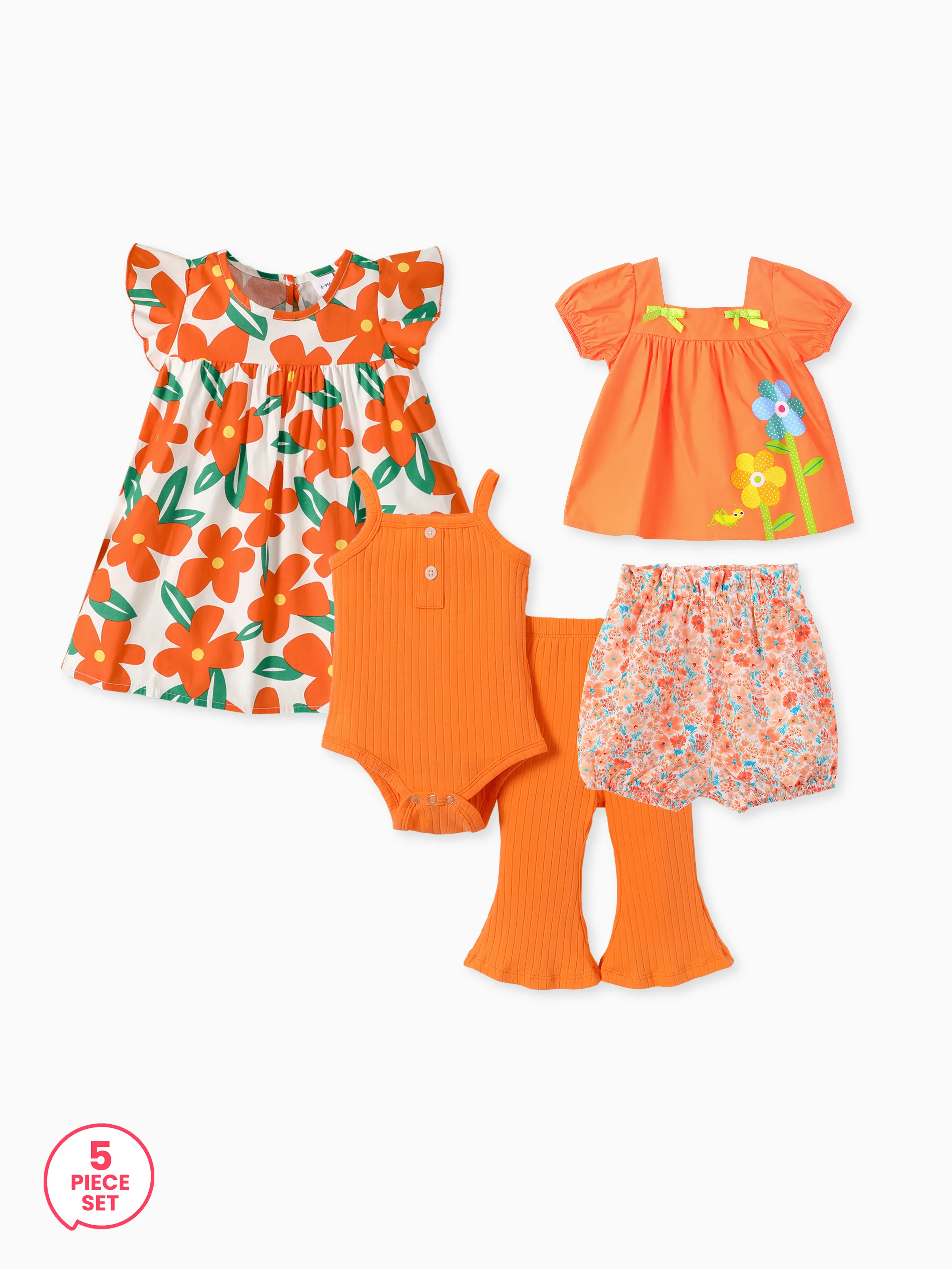 5-Piece Baby Girl Orange Floral Style Set