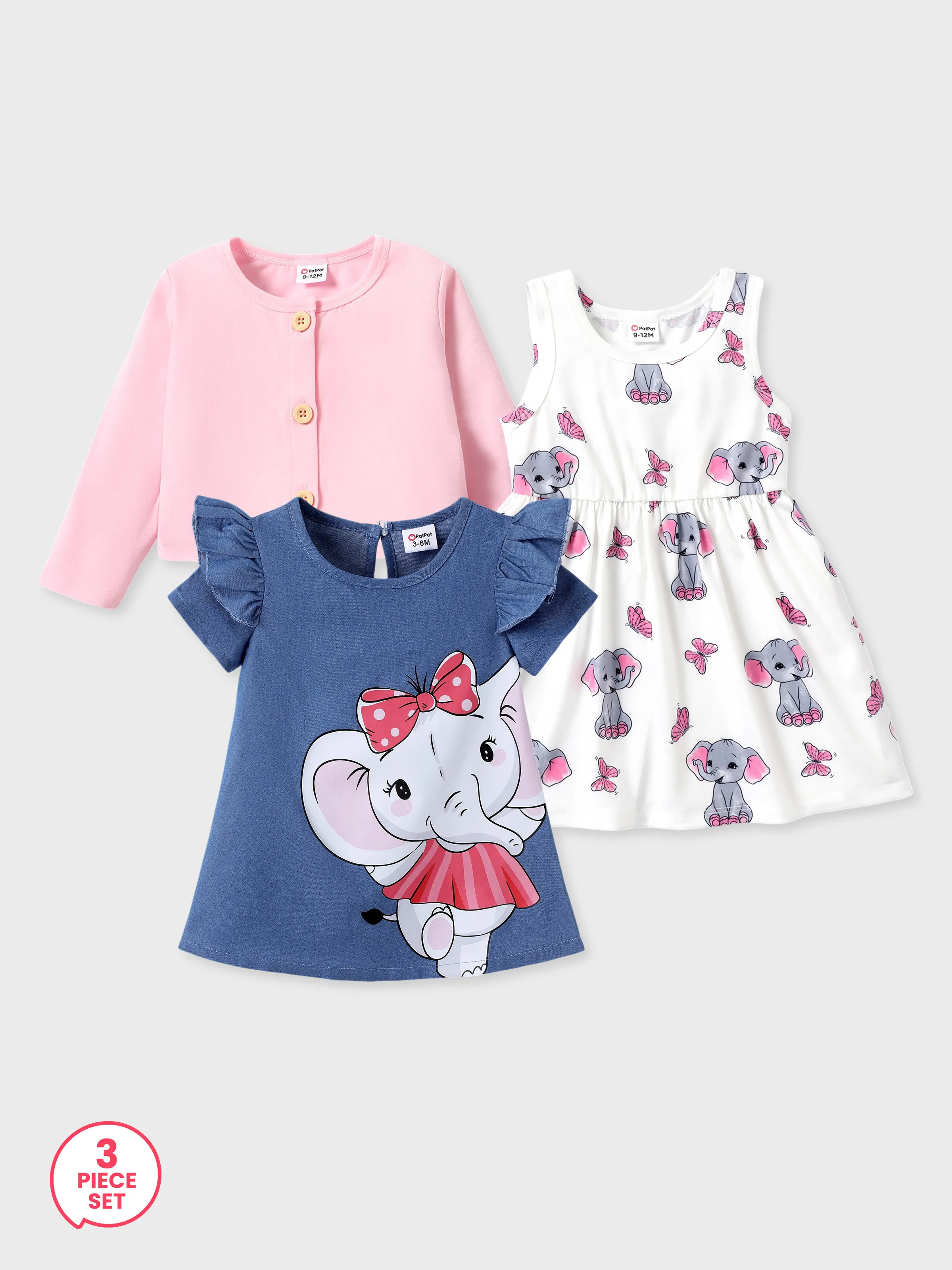 3-Piece Baby Girl Pink Cardigan and Elephant Print and Ruffled Dress Set