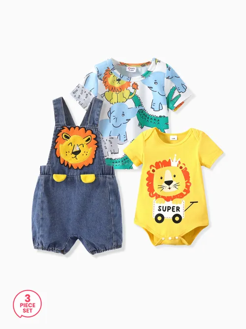 3-Piece Baby Boy Lion Print Tee and Romper and Lion Applique Denim Overalls Set