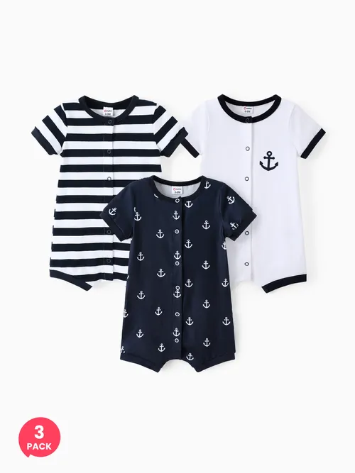 3-Pack Baby Boy Print/Striped Short-sleeve Snap Romper