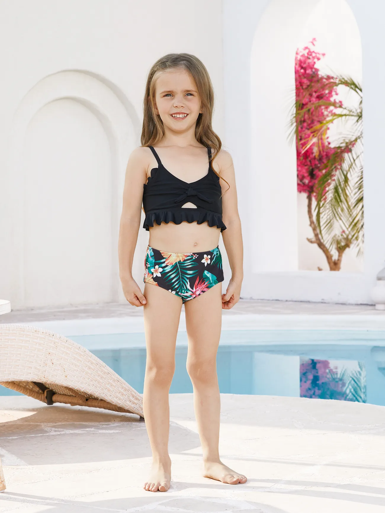 Girl - Matching Swimsuits for Couple and Family - Floral Drawstring Swim Trunks or Shell Edge Bikini (Black) - Black - image 7
