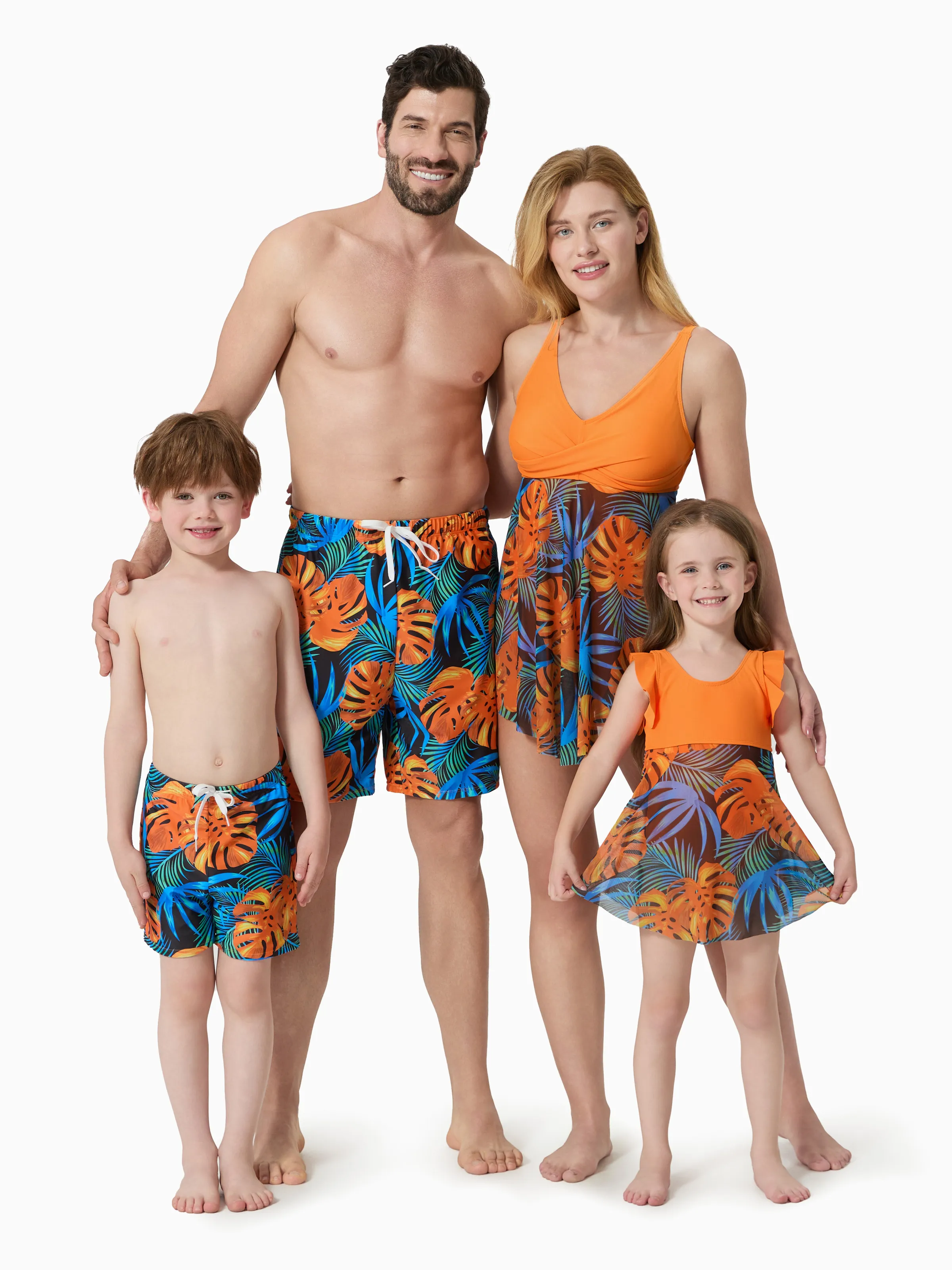 Family Matching Floral Drawstring Swim Trunks or Flowy Spliced Mesh One-piece Swimsuit