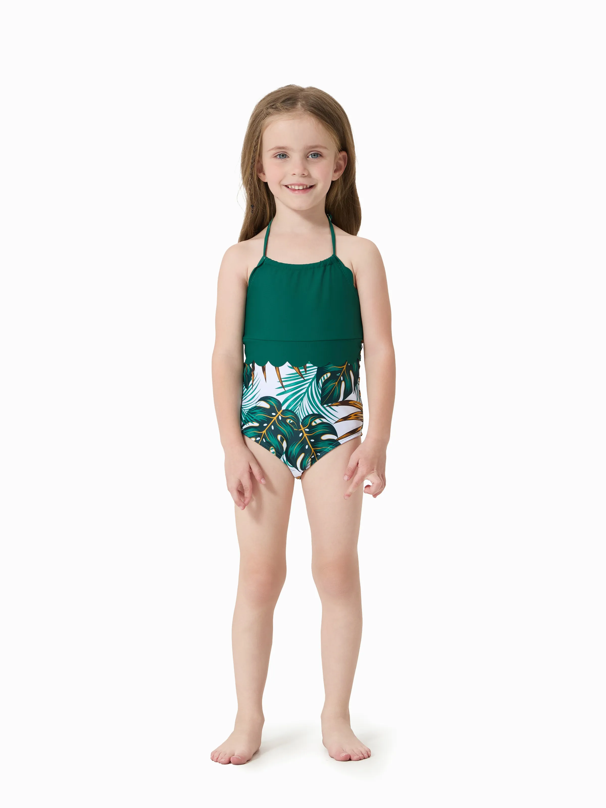 

Family Matching Allover Plants Print Swim Trunks Shorts and V Neck Spaghetti Strap Splicing One-Piece Swimsuit