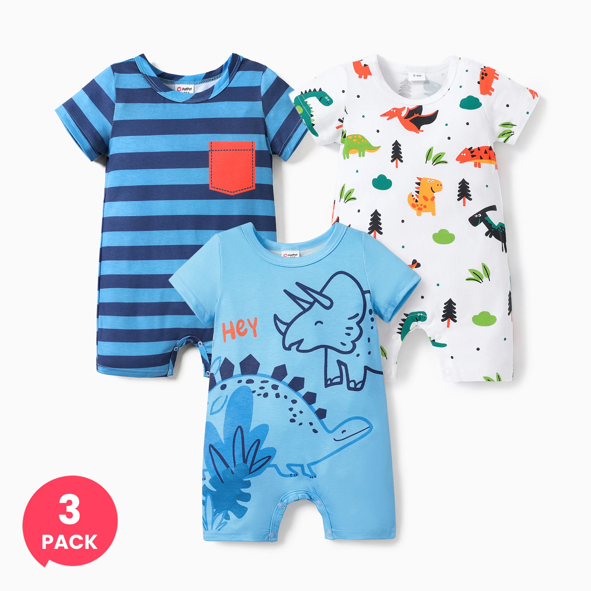 

3-Pack Baby Boy Childlike Dinosaur Print Romper