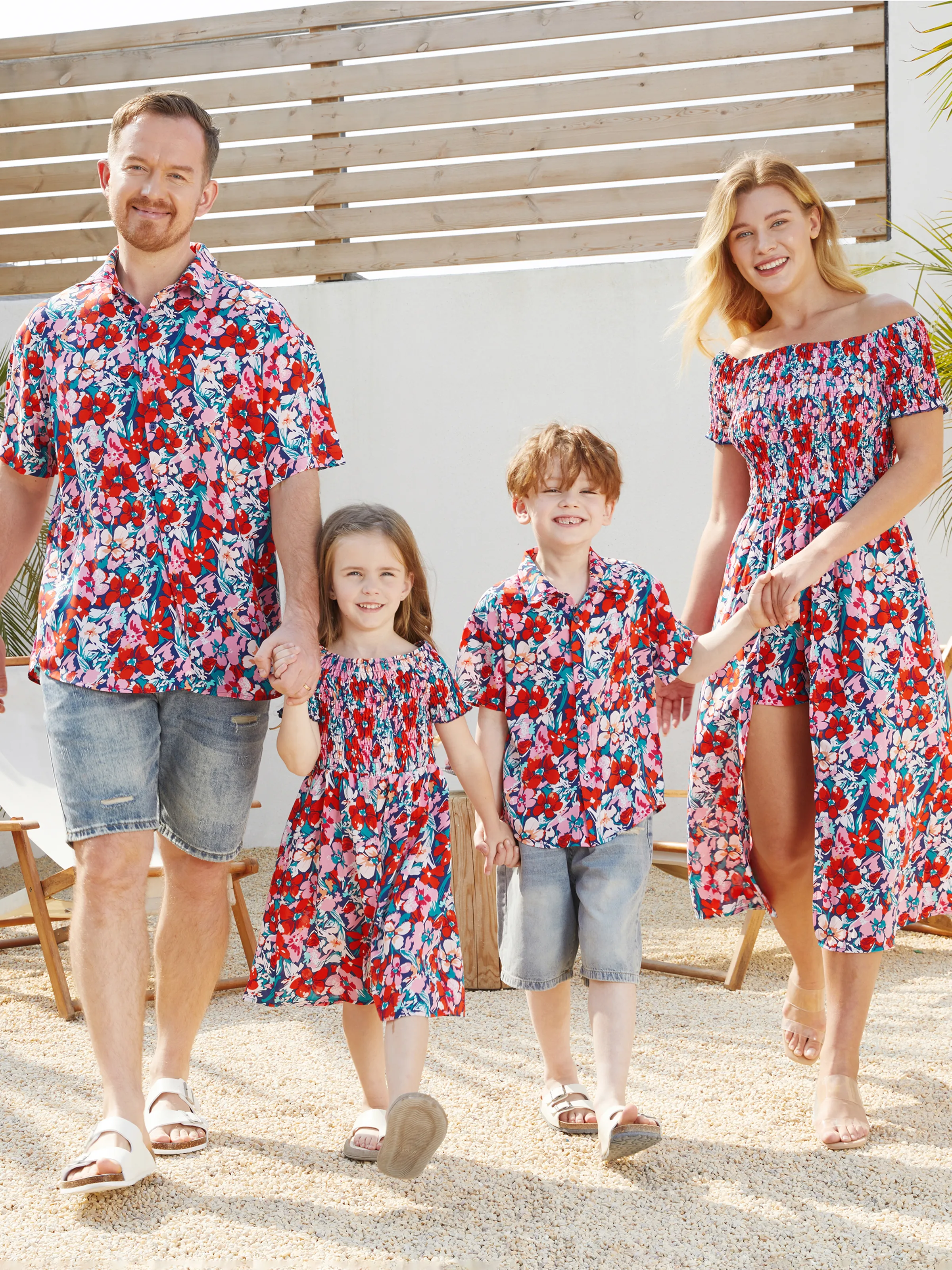 Family Matching Floral Print Short-sleeve Shirt or Off Shoulder Smocking Dresses Set